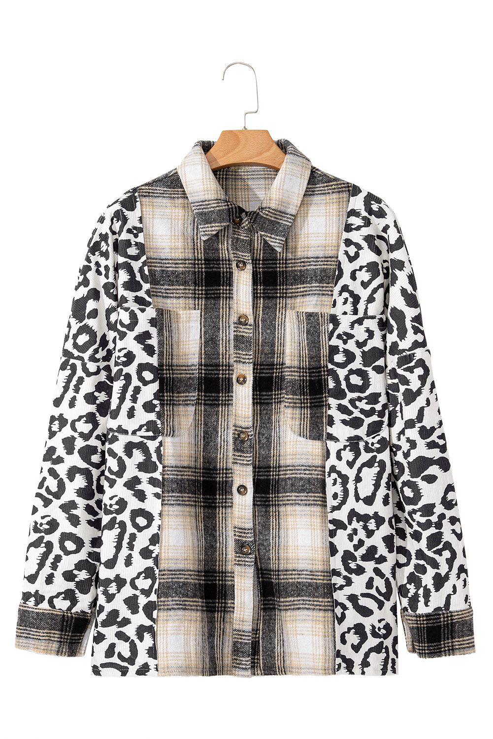 Black Plus Size Plaid Leopard Patchwork Raw Hem Shacket