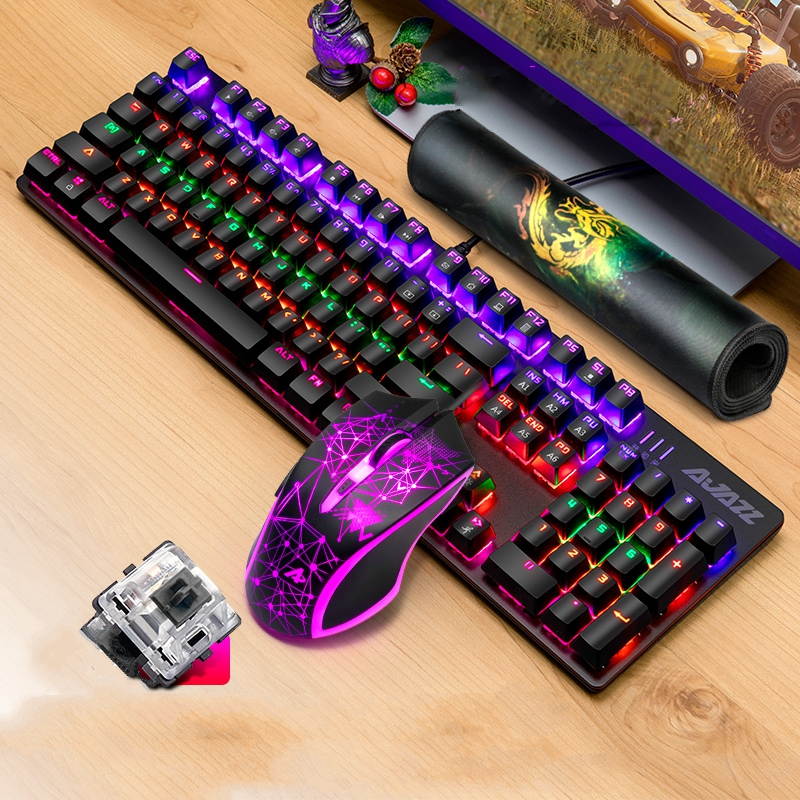 Ajazz AJ119  26 Anti-ghosting Keys, Ergonomic Design, Cool Exterior USB Wired Black Mechanical Green Color Backlit LED Keyboard And 2400DPI  Mouse Combo For Office And Game-Black