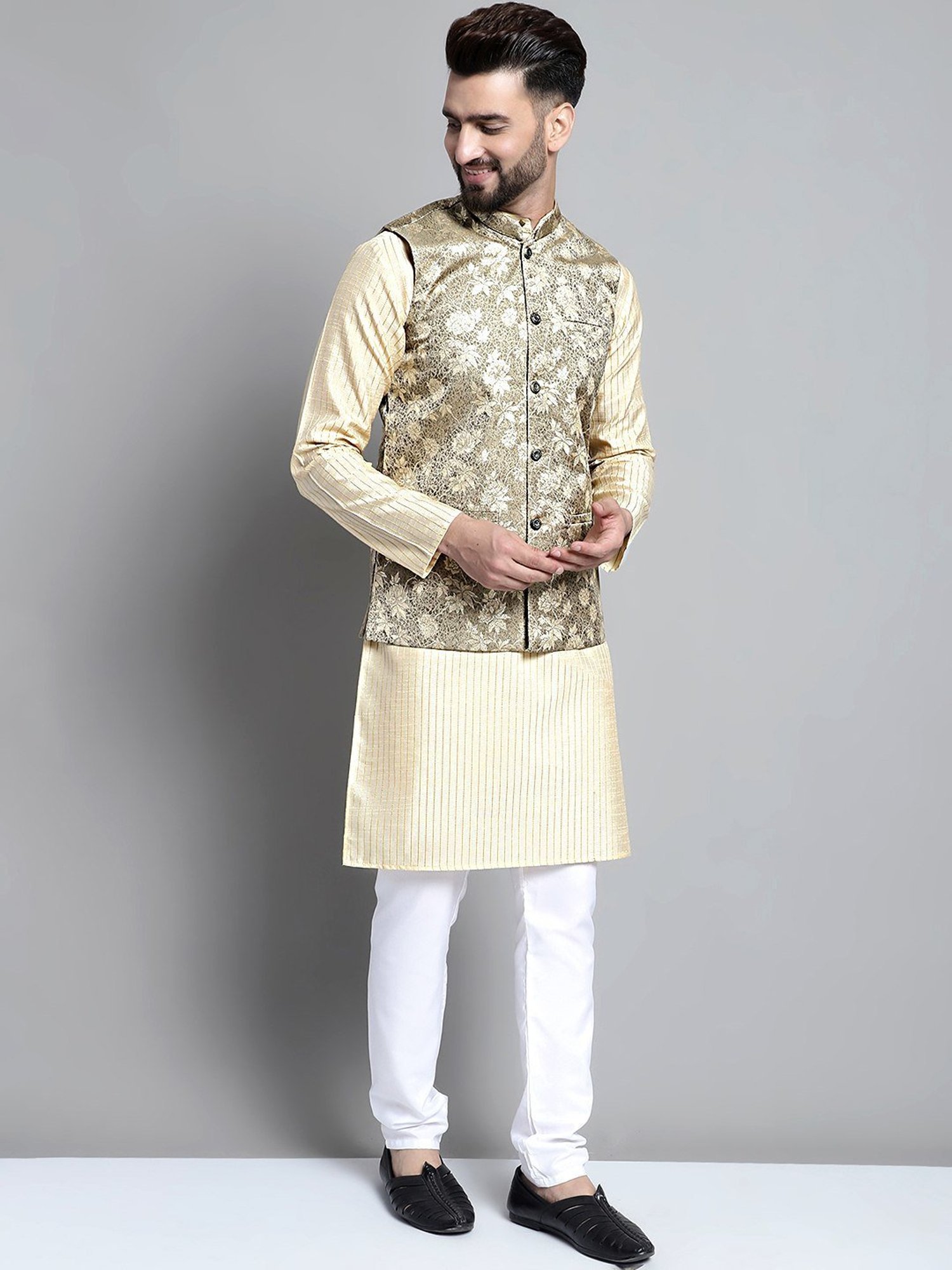 Jompers Beige Regular Fit Printed Nehru Jacket