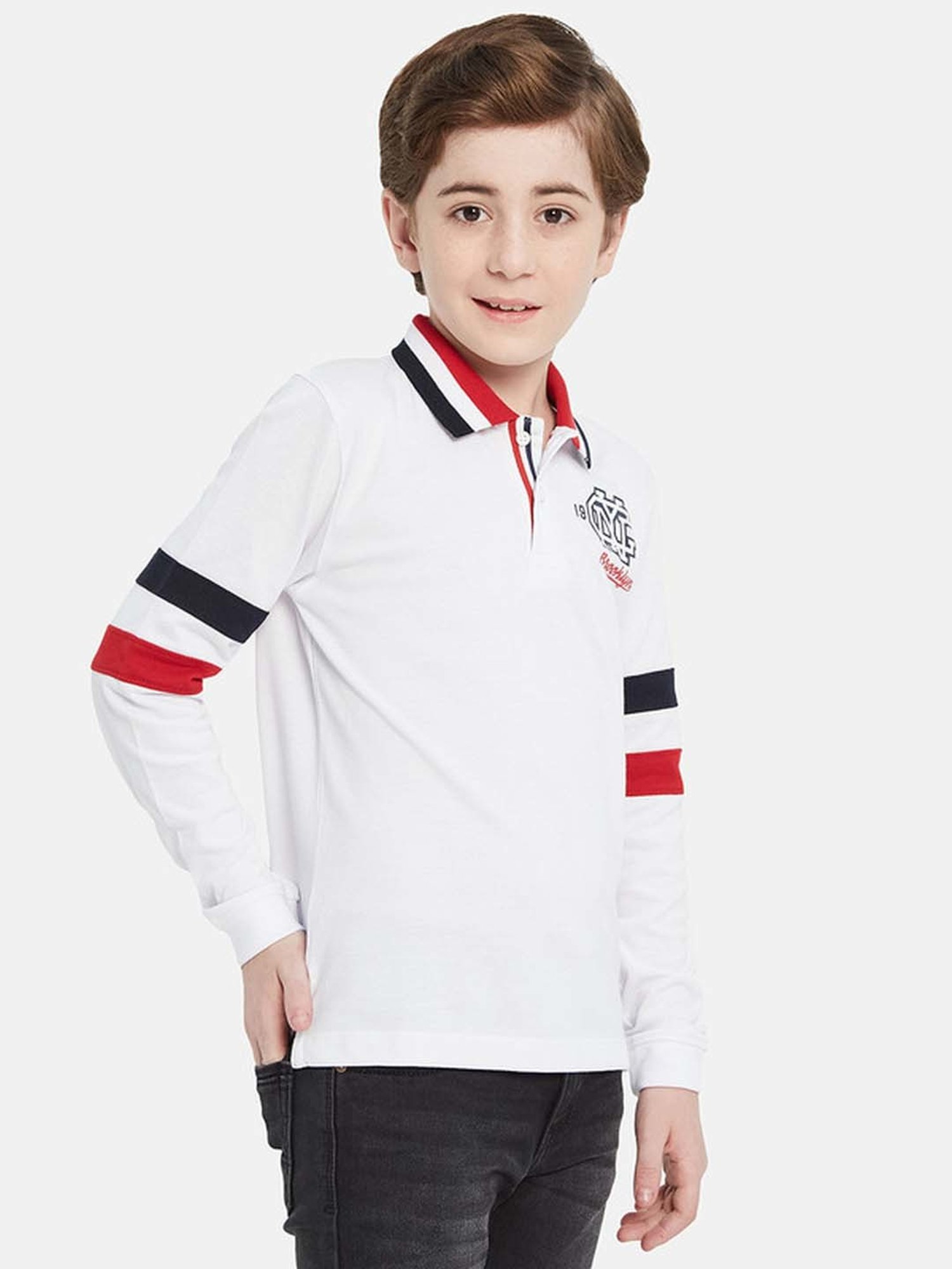 Octave Boys White Cotton Printed Full Sleeves Polo T-Shirt