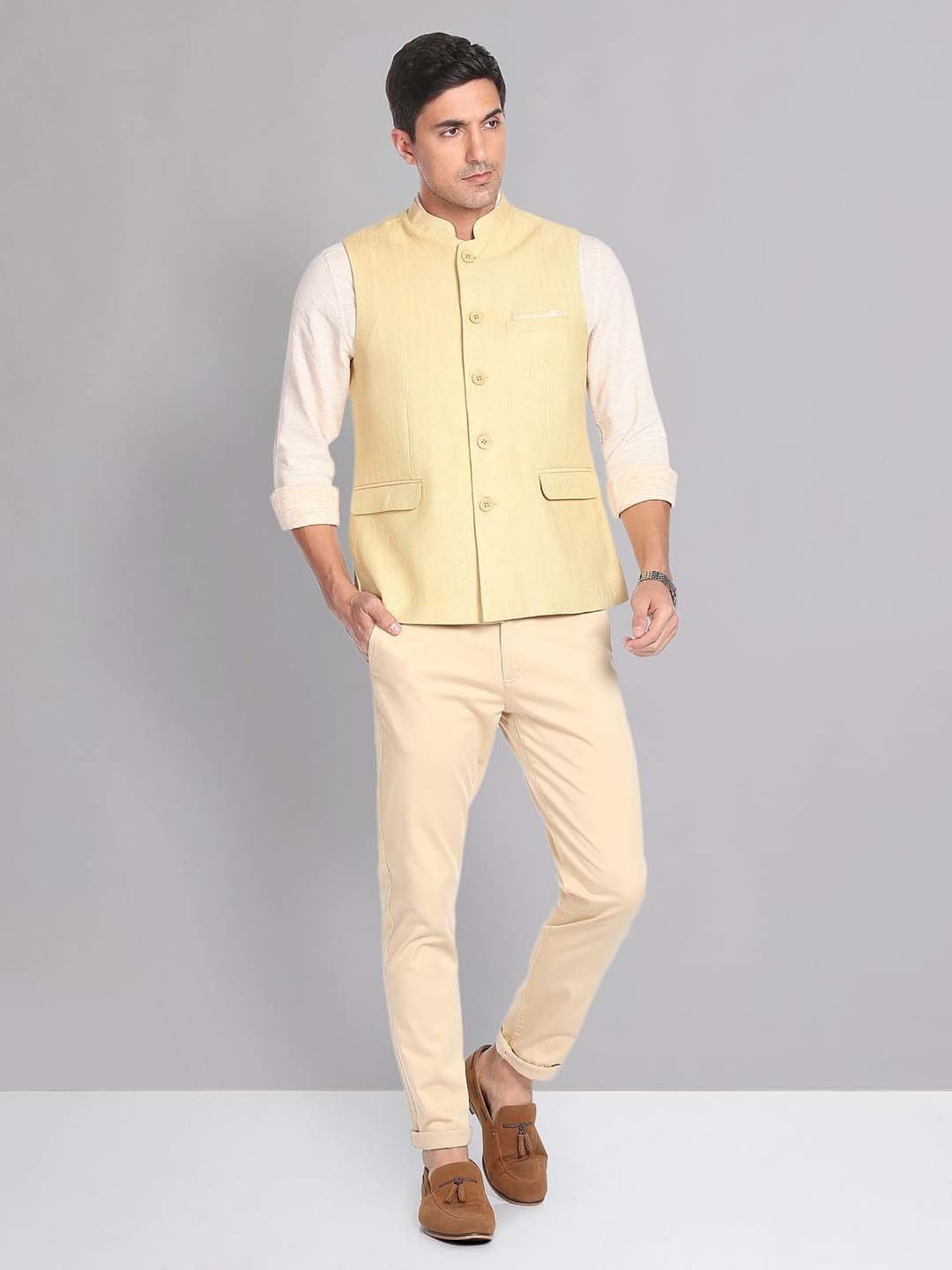 AD by Arvind Yellow Mandarin Collar Self Design Nehru Jacket