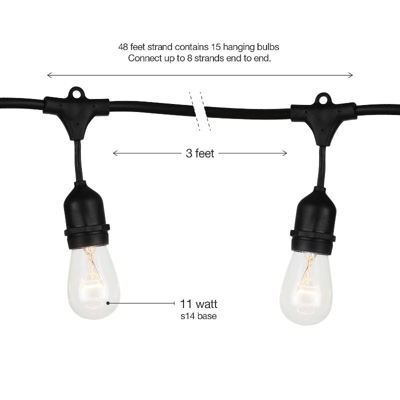 Brightech Ambience Pro Outdoor String Lights with 15 Hanging Sockets & White LED Edison Bulb for Outside, Backyard, Cafe, Patio, or Porch, 48 Foot