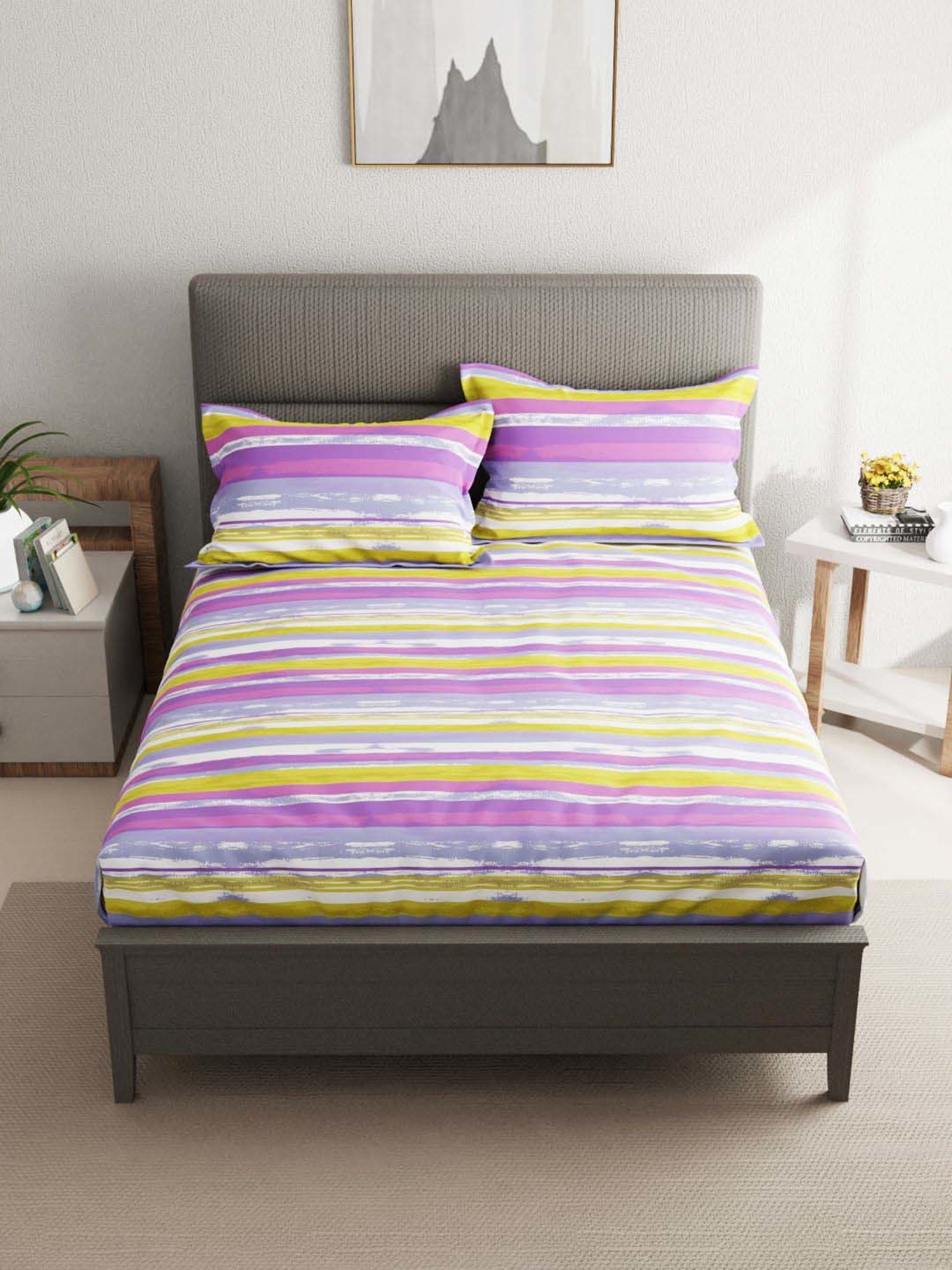 Bianca Aston Lavender & Yellow Cotton 110 TC Double Bedsheet with Pillow Cover