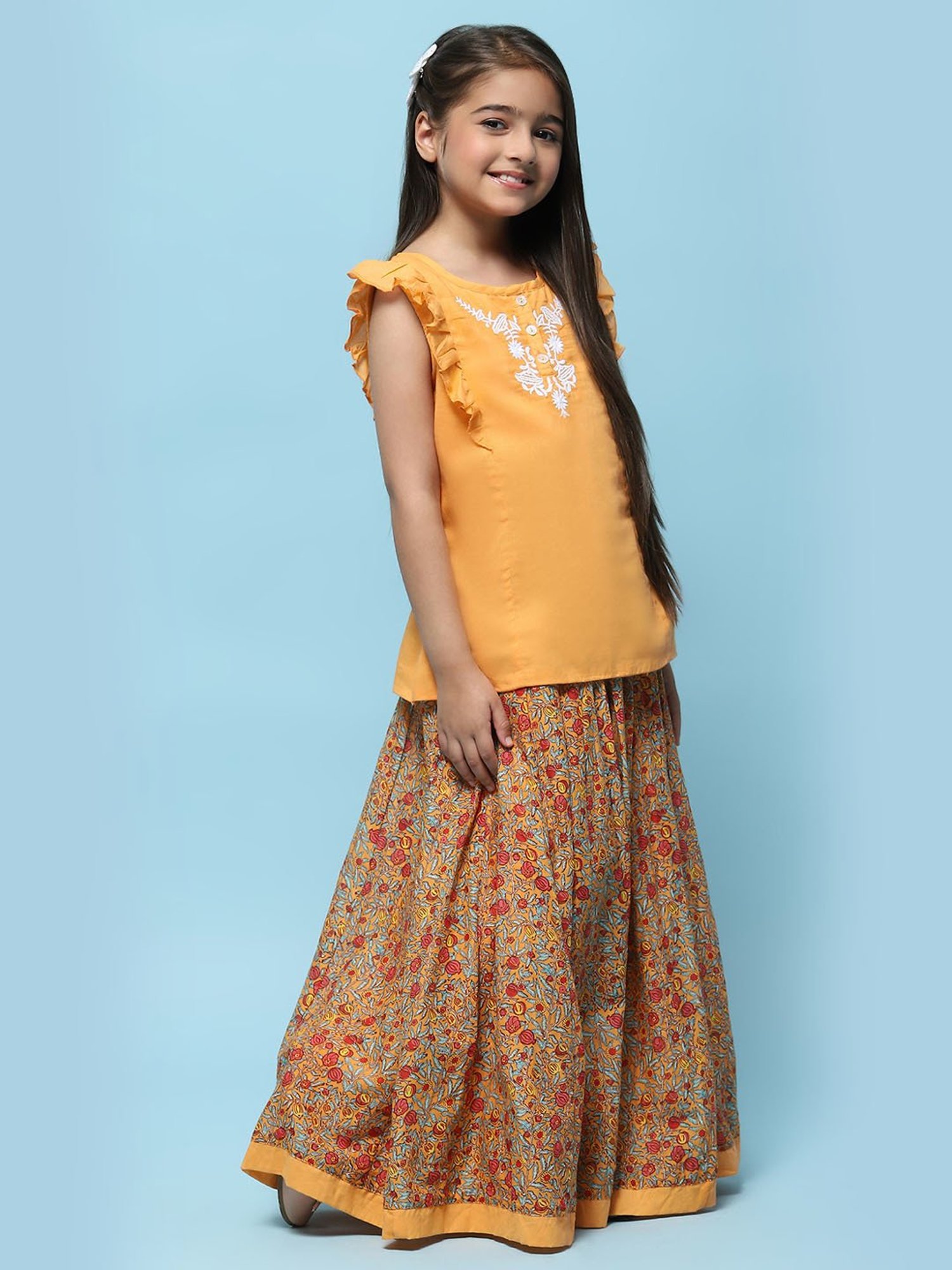 Biba Girls Orange Cotton Embroidered Casual Top and Tees