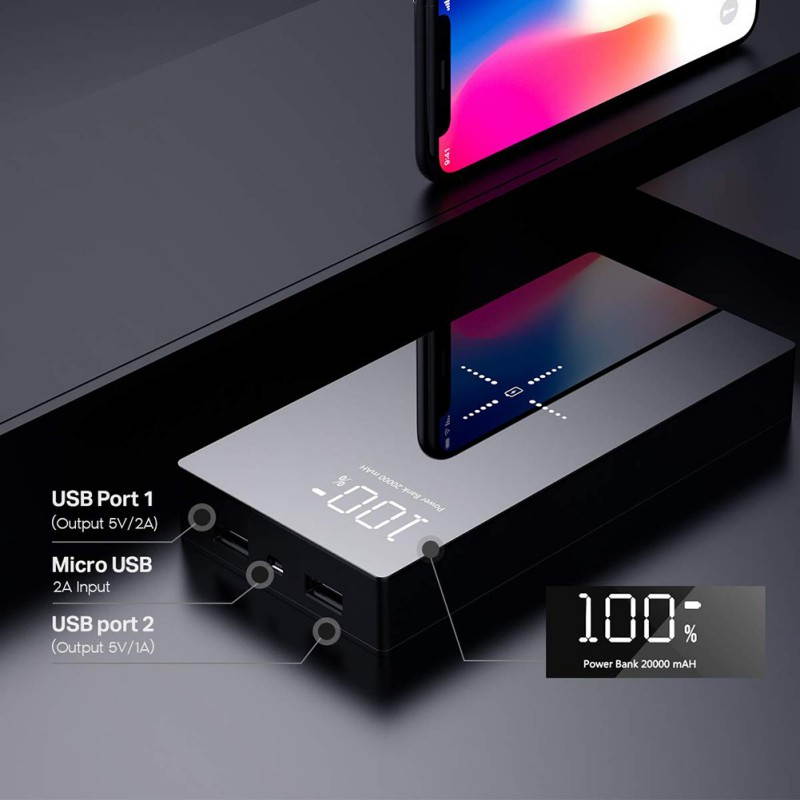 Wireless Power Bank 20000mAh Dual USB Outputs&Wireless Output LED Display Wireless Charging Bank Battery
