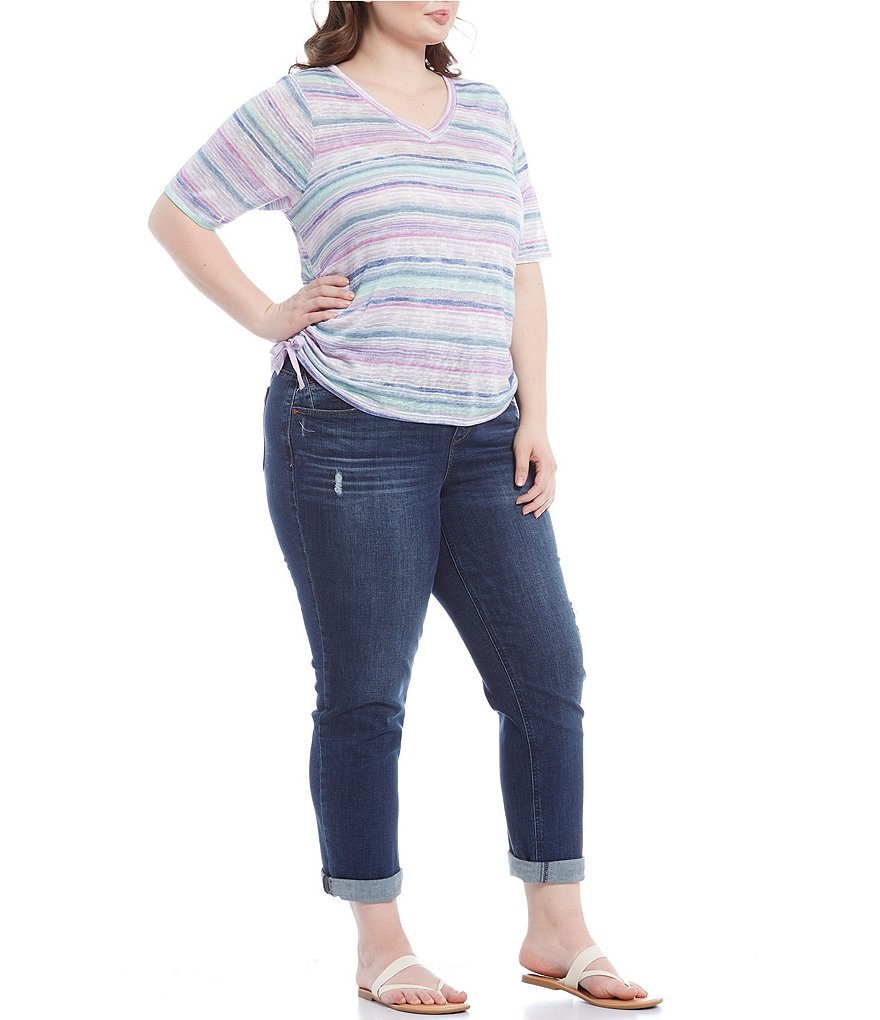 Democracy Plus Size V-Neck Short Sleeve Side Ruched Stripe Knit Tee