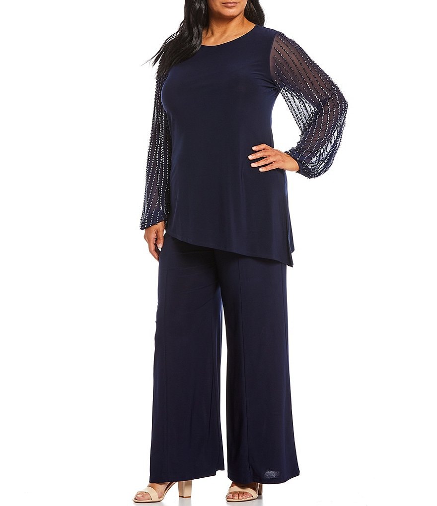 Marina Plus Size Beaded Long Sleeve Jewel Neck 2-Piece Pant Set
