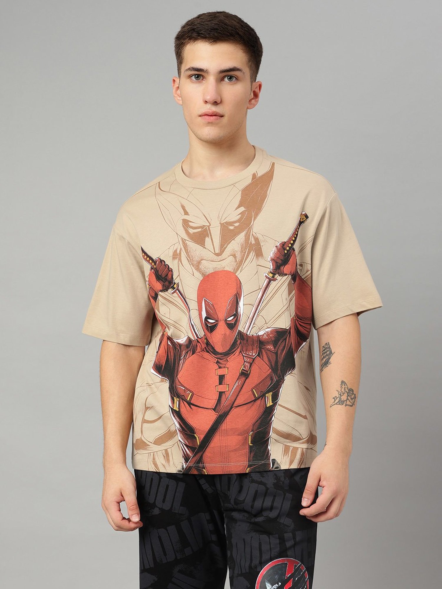 Free Authority Beige Loose Fit Deadpool Print T-Shirt