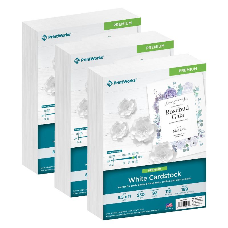 3pk 250 Sheets/Pack 110lb Cardstock 8.5"x11" White - PrintWorks