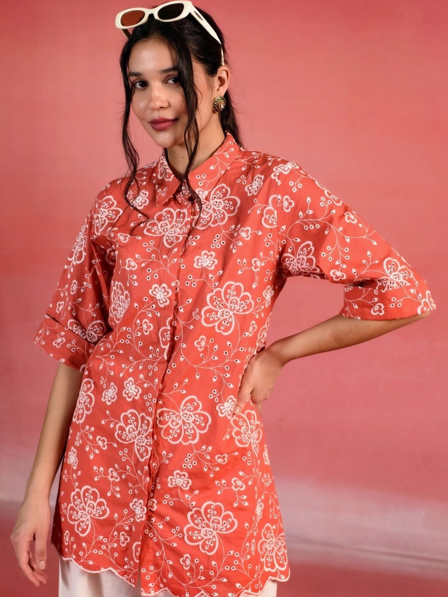 Kameez by Pooja Scarlet Red Floral Embroidered Poplin Shirt