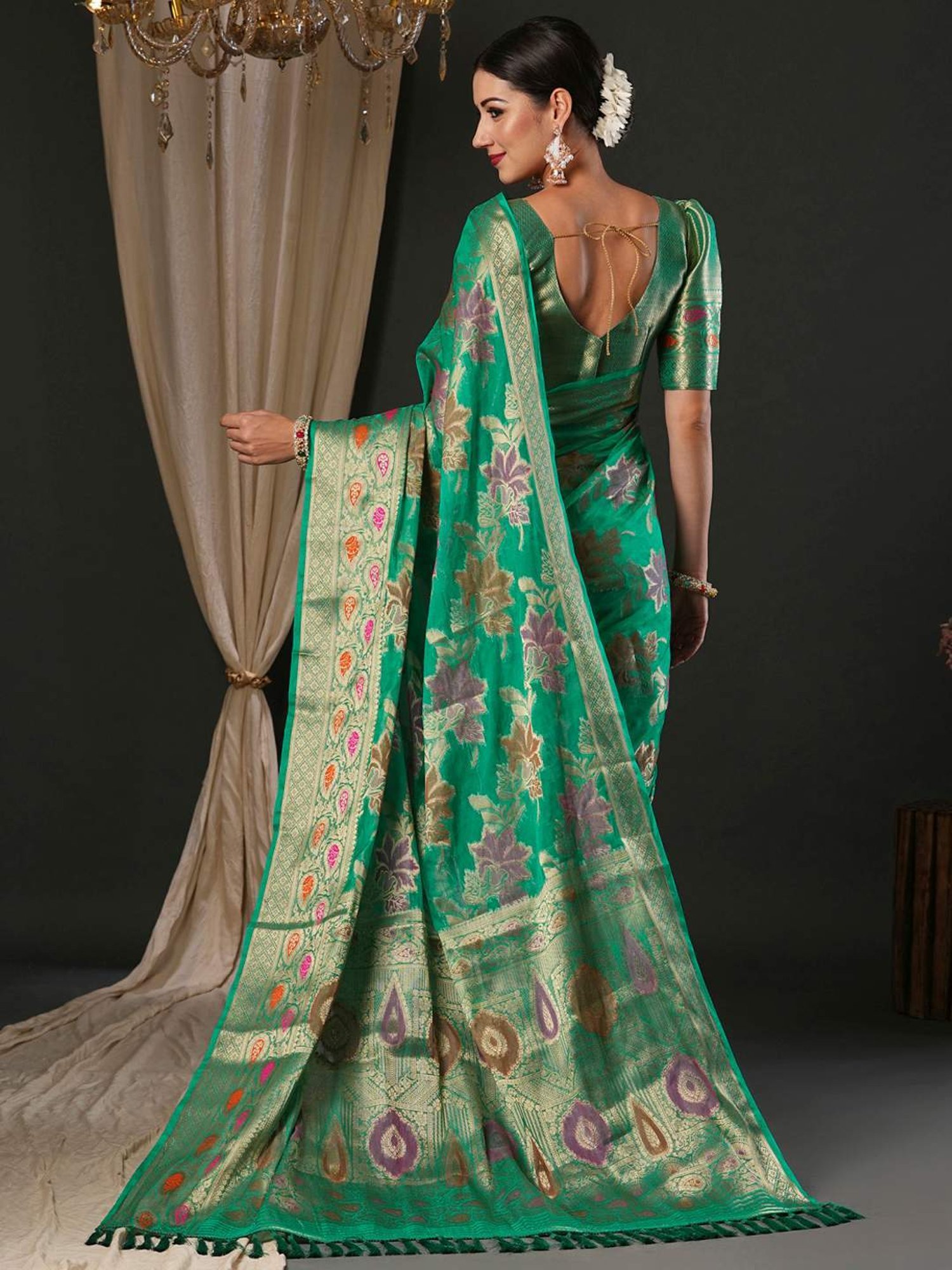 Saree Mall Green Woven Saree With Unstitched Blouse