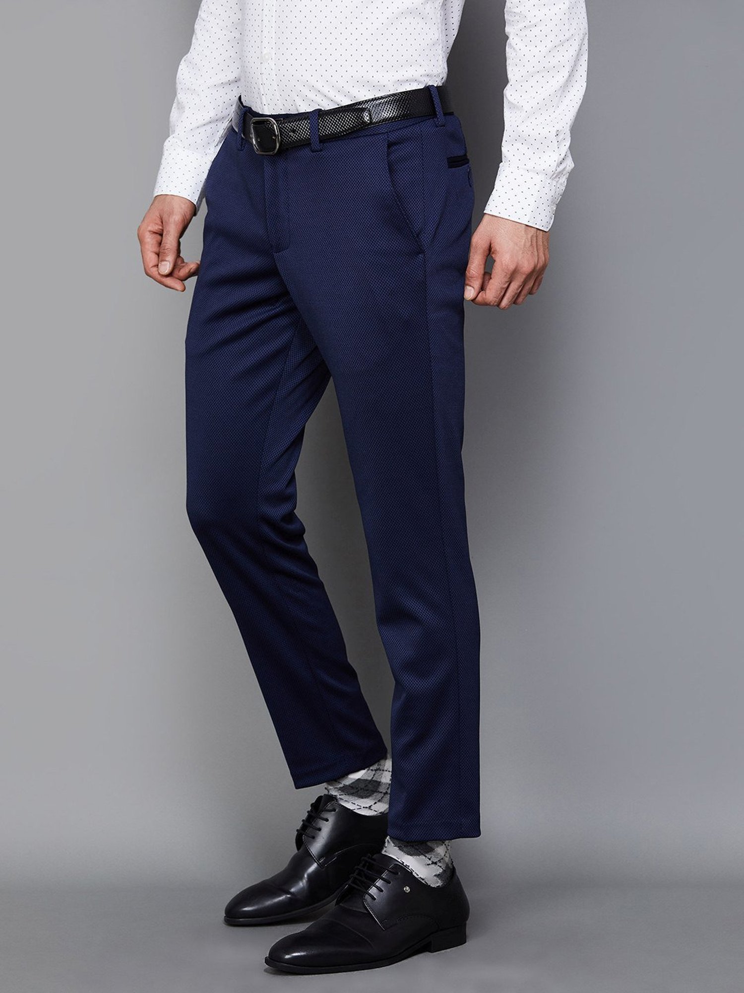 Code by Lifestyle Blue Regular Fit Self Pattern Trousers