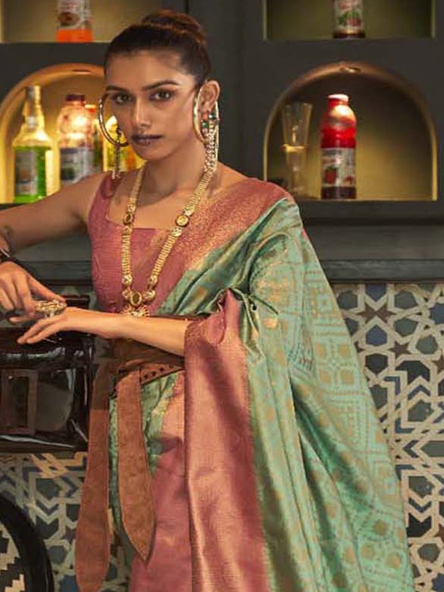 Elora Sage Green Silk Woven Saree With Unstitched Blouse