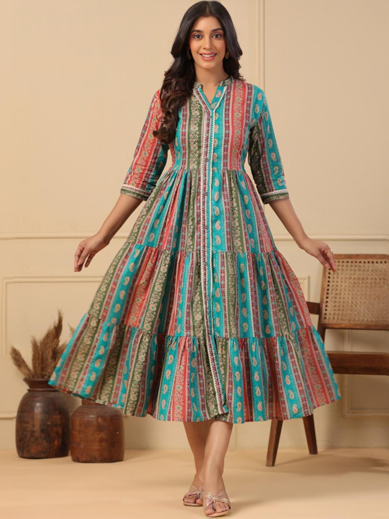 Fashor Blue & Pink Cotton Printed A-Line Dress