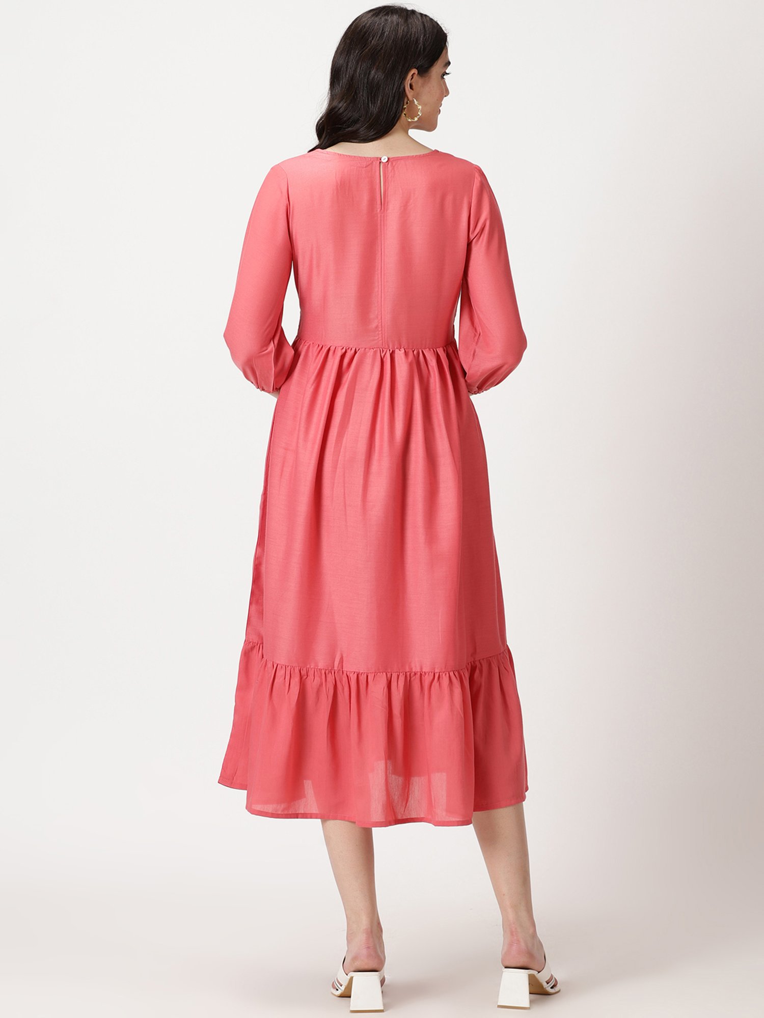 Saffron Threads Rose Pink Embroidered Midi Dress