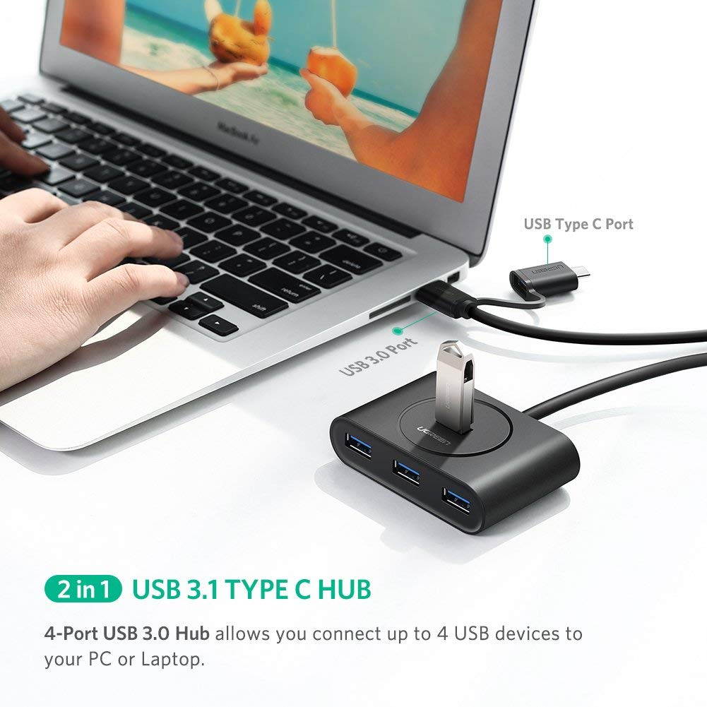 UGREEN 4 Ports USB 3.0 Hub With Type-C USB 3.1 OTG Adapter Converter for USB-C Device 12 Inch New MacBook, Chromebook Pixel, iMac, Surface, Lenovo Yoga