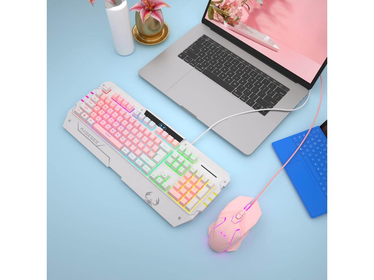 GT817 PC Gaming Keyboard and Mouse Combo, LED  USB Keyboard and Mouse Set,  Gaming Mouse and Keyboard  Key Computer PC Gaming Keyboard with Wrist Rest-Pink