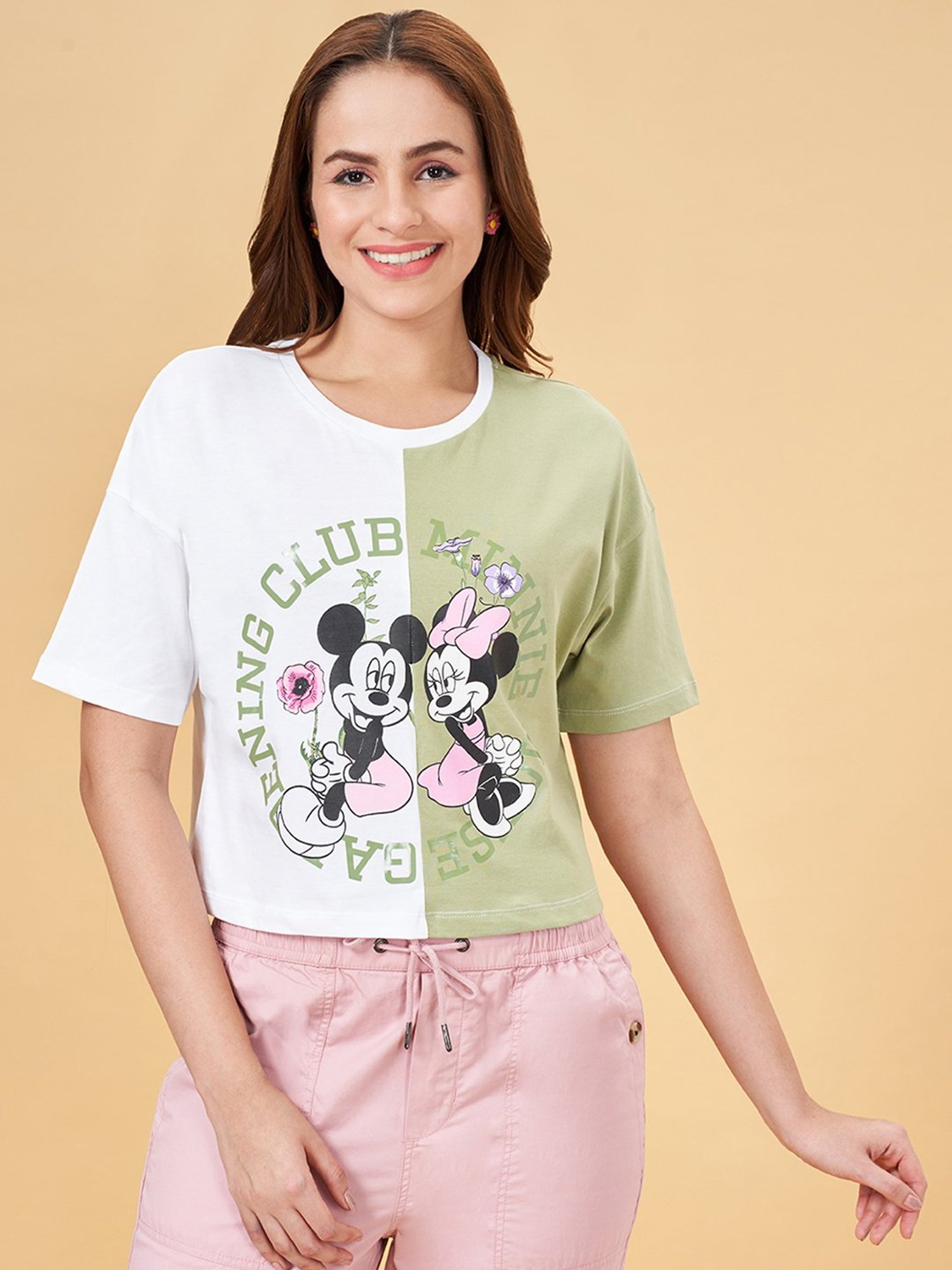 Honey by Pantaloons White & Green Cotton Printed Crop T-Shirt
