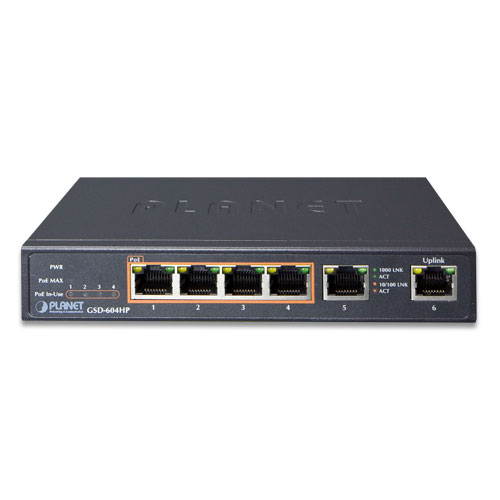 PLANET Technology - GSD-604HP - 4-Port 10/100/1000T 802.3at POE + 2-Port 10/100/1000T Desktop Switch (55W POE Budget,