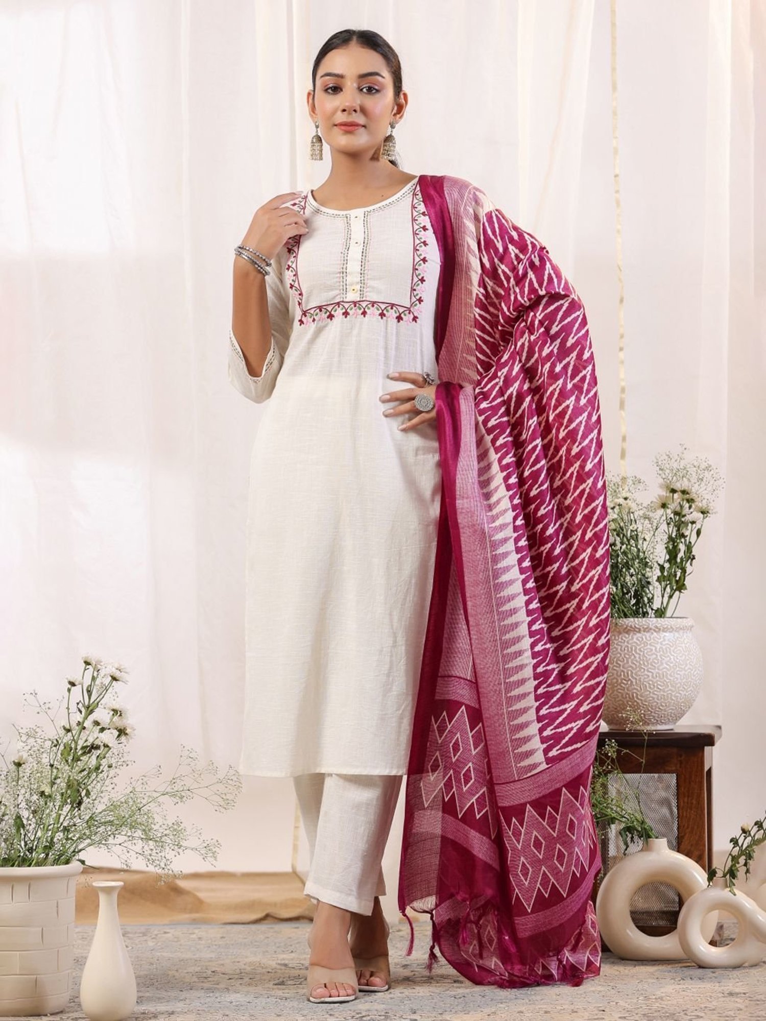 Anubhutee Off-White & Pink Cotton Embroidered Kurta Pant Set With Dupatta
