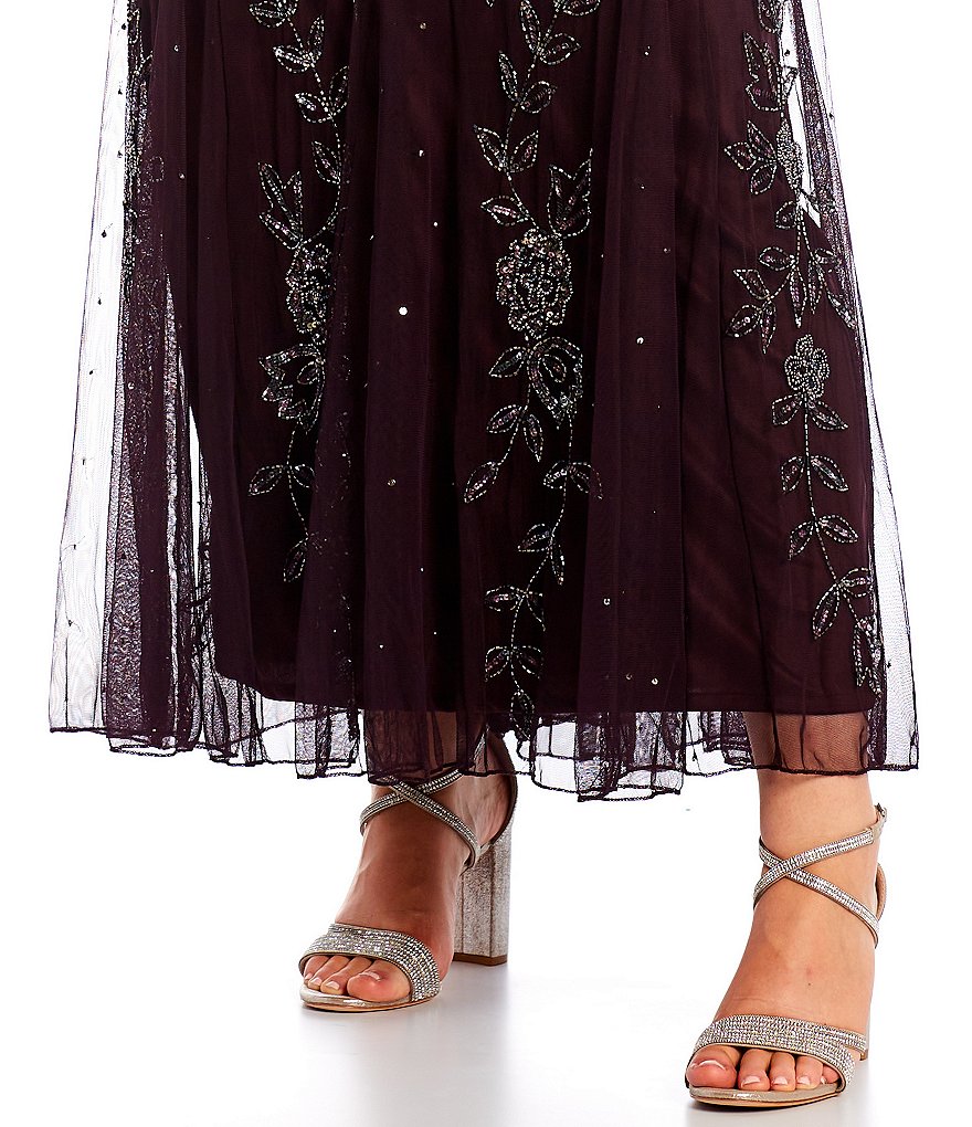 Pisarro Nights Plus Size 3/4 Sleeve Boat Neck Beaded A-Line Gown