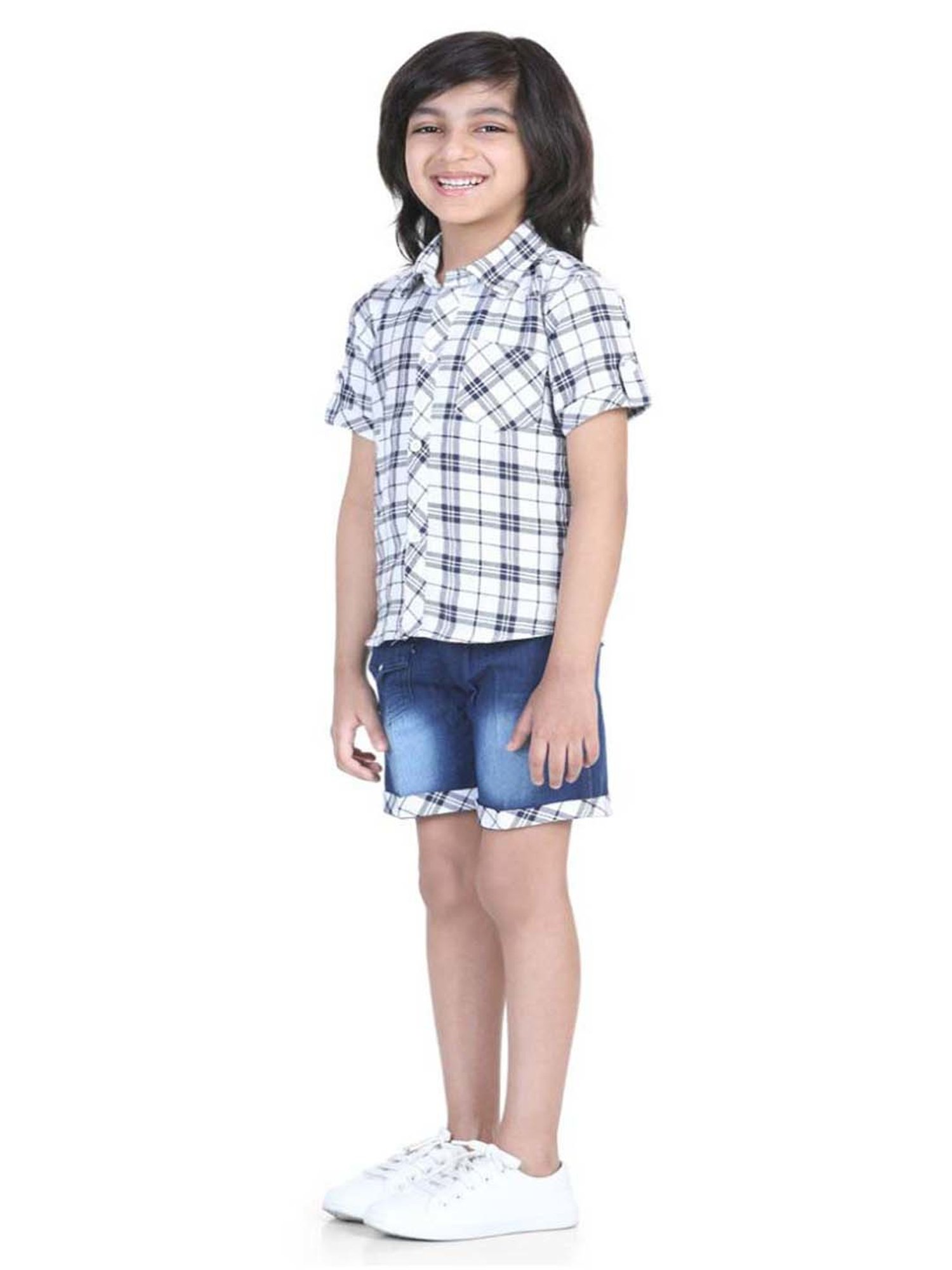AJ Dezines Kids White & Blue Chequered Shirt Set