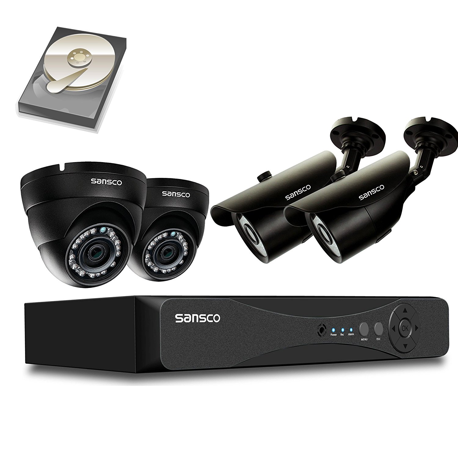 SANSCO Security Camera System with 1080P  4-Channel DVR, 2 Bullet Cameras and 2 Dome Cameras (All HD 1080p 2MP), and 1TB Internal Hard Drive Disk - All-in-One Surveillance Camera Kit