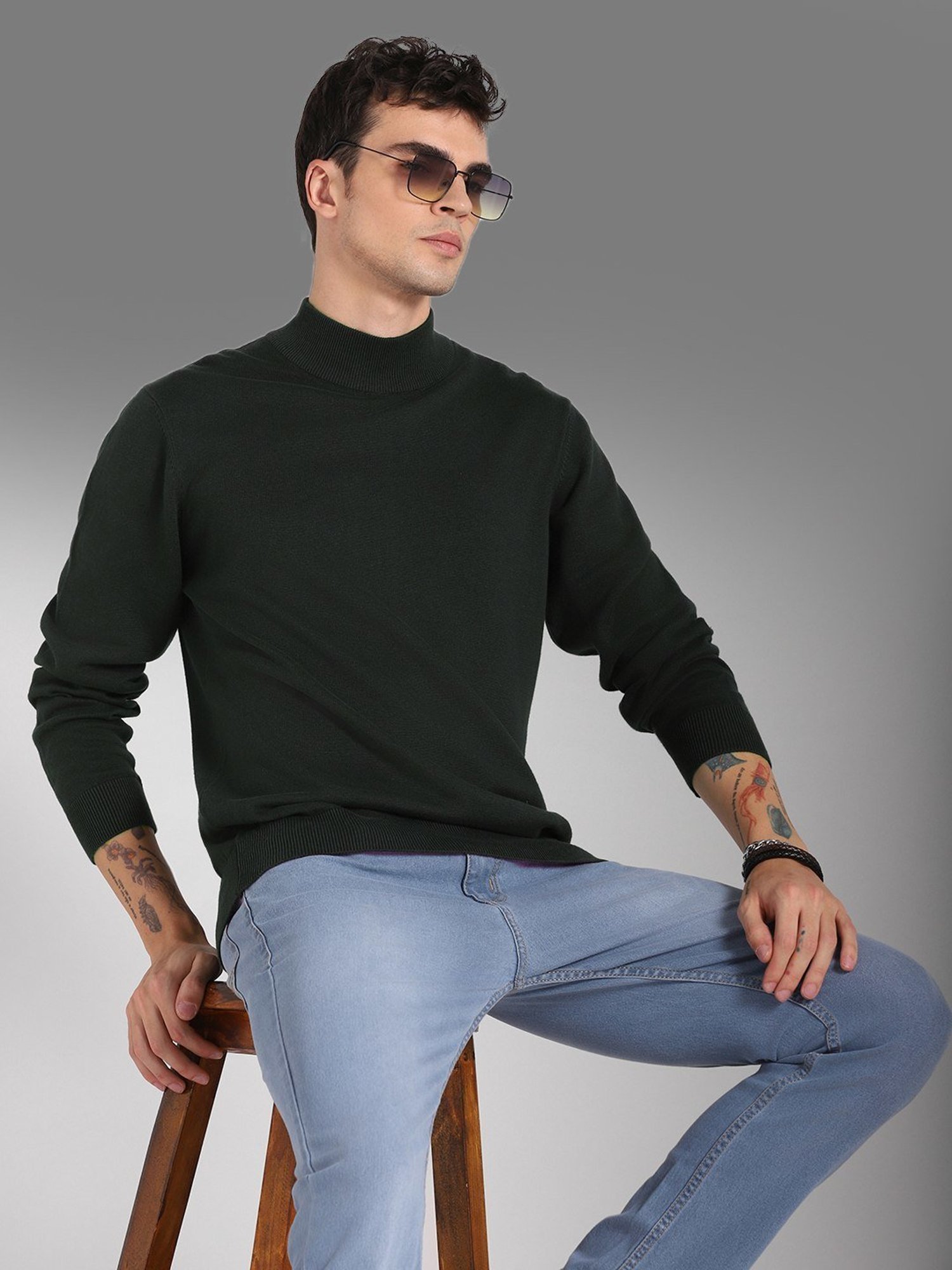 High Star Green Cotton Regular Fit Sweater