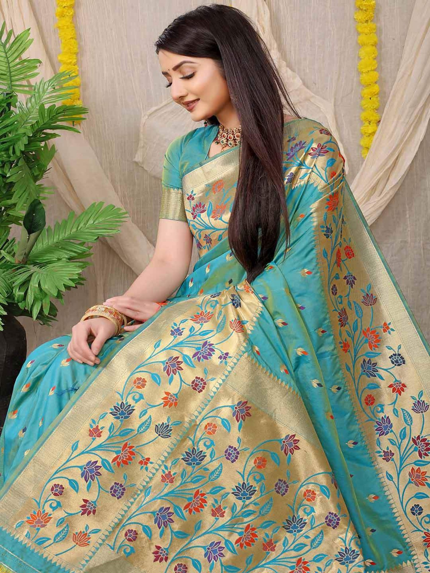 SHUBHKALA Turquoise Silk Woven Saree With Unstitched Blouse