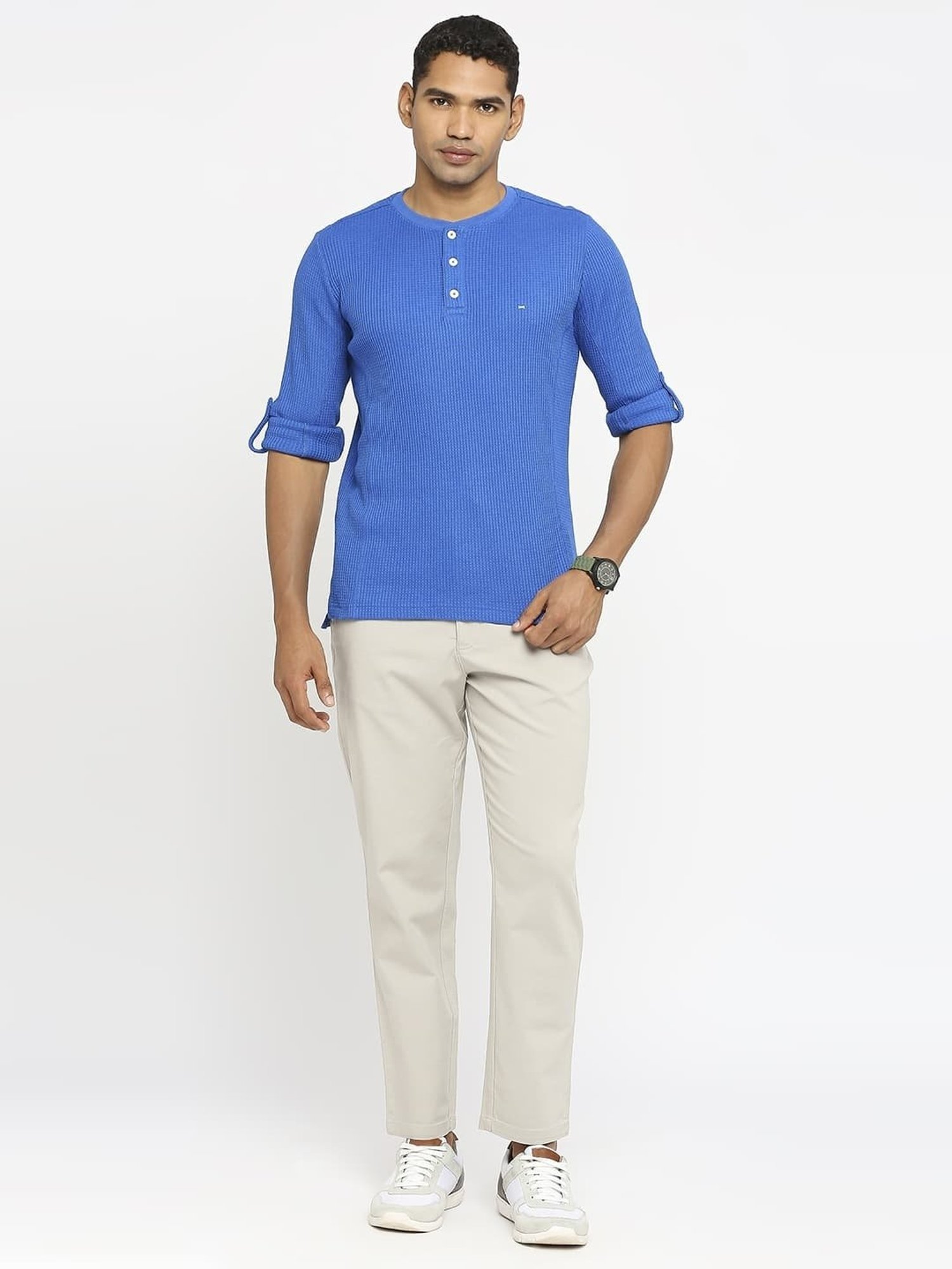 Basics Blue Cotton Muscle Fit Texture Henley T-Shirt