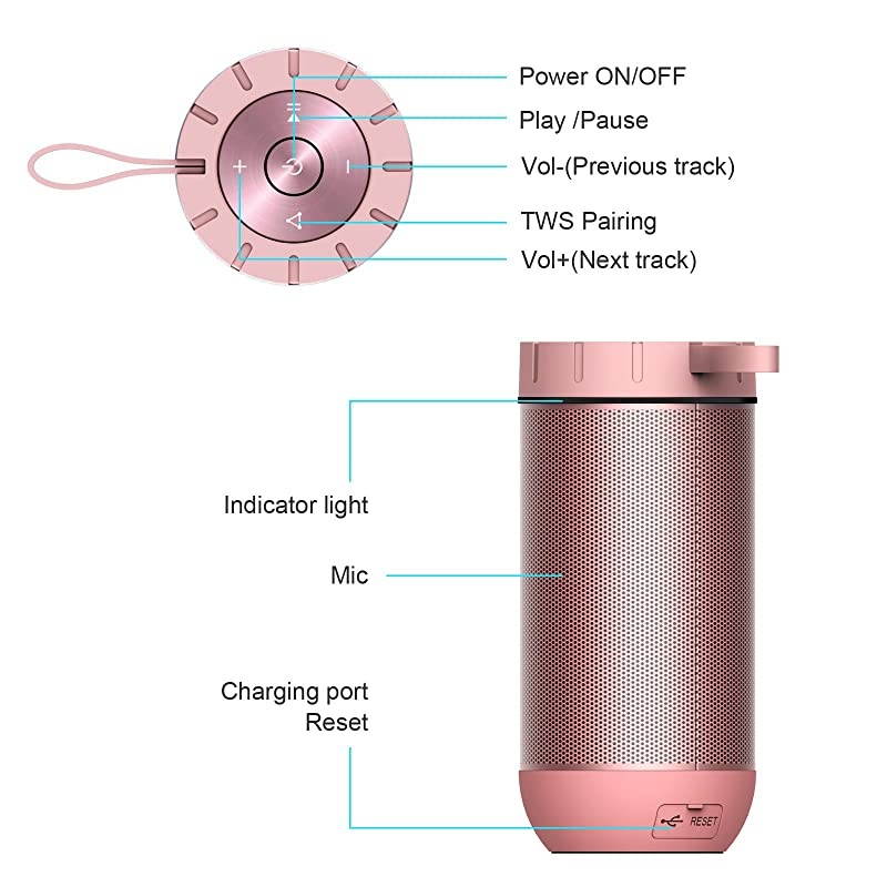 Waterproof Bluetooth Speakers Outdoor Wireless Portable Speaker with 20 Hours Playtime Superior Sound for Camping Beach Sports Pool Party Shower Rose Gold