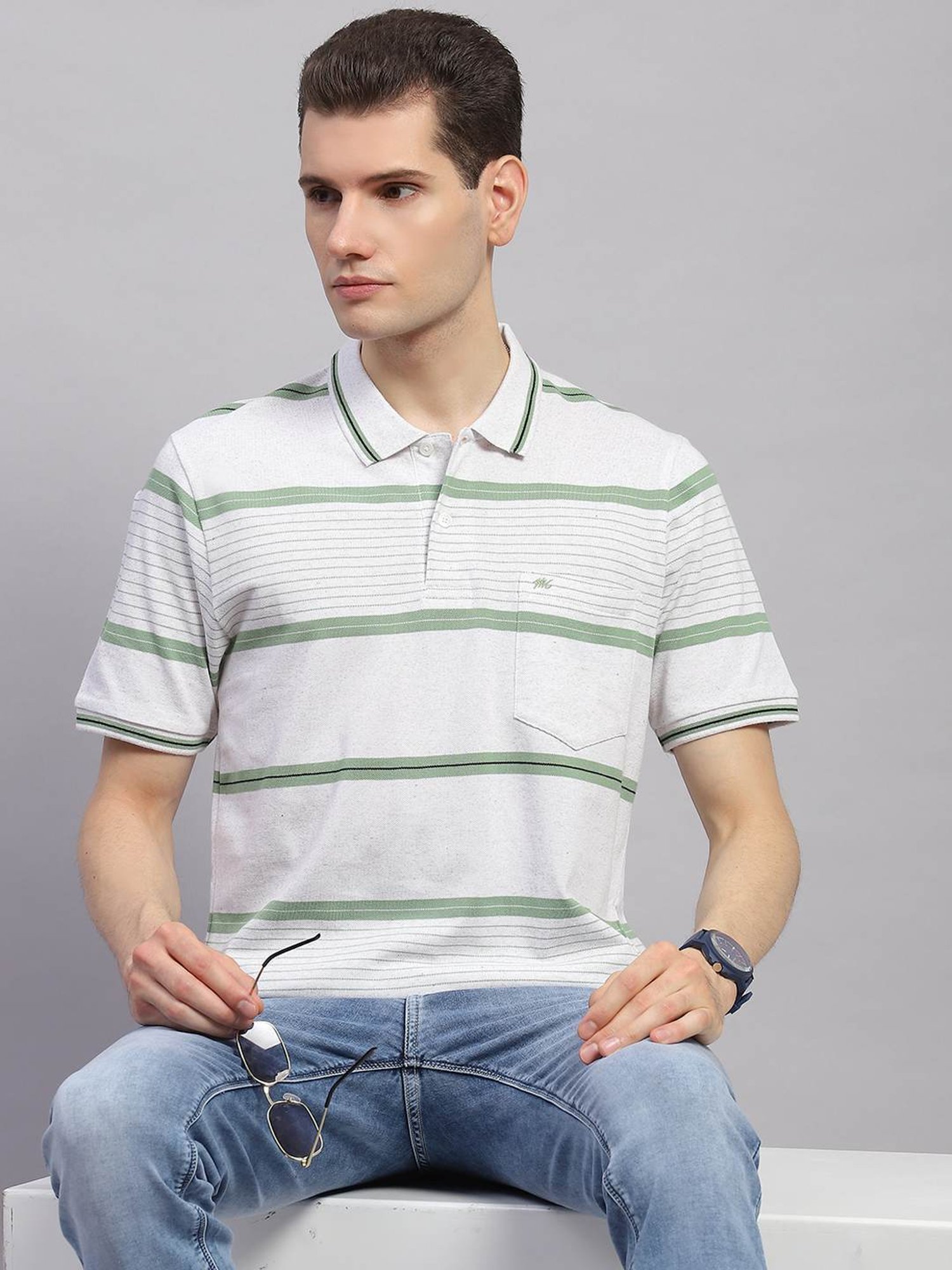 Monte Carlo Green Regular Fit Striped Polo T-Shirt