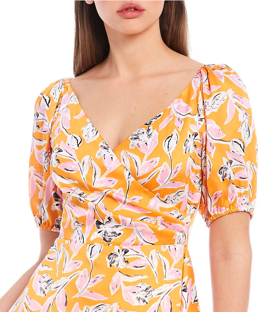 Sachin & Babi Ava Puff Sleeve Wrap Skirt Floral Print Satin Midi Swing Dress