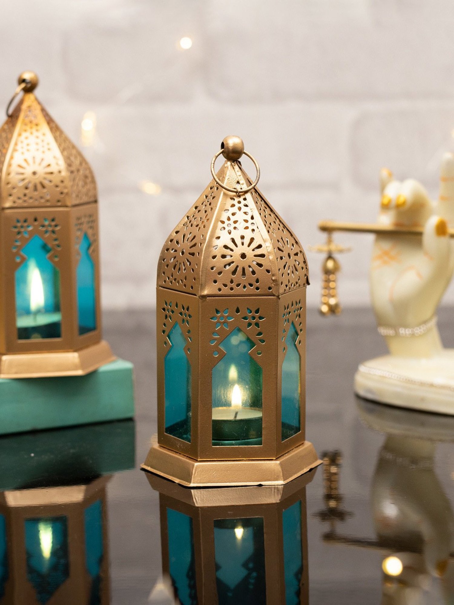 Homesake Antique Blue Metal Moroccan Lantern Candle Holder - Set of 2