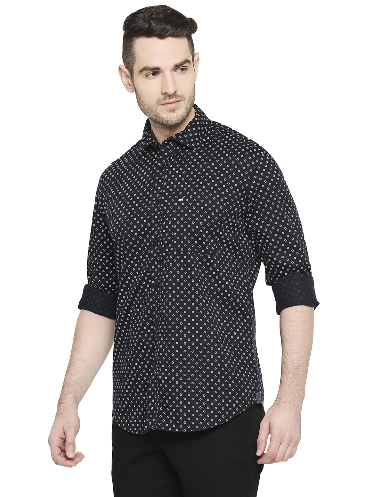 Basics Black Cotton Slim Fit Printed Shirt