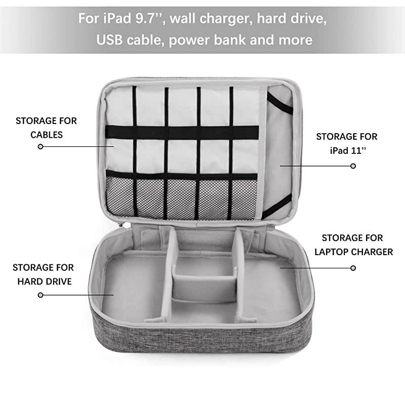 Electronics Travel Organizer,  Electronics Cable Organizer Bag Double Layer Travel Cable Storage Bag for Cables, Laptop Charger, Tablet (Up to 11'') and More-Thick Large(Grey)