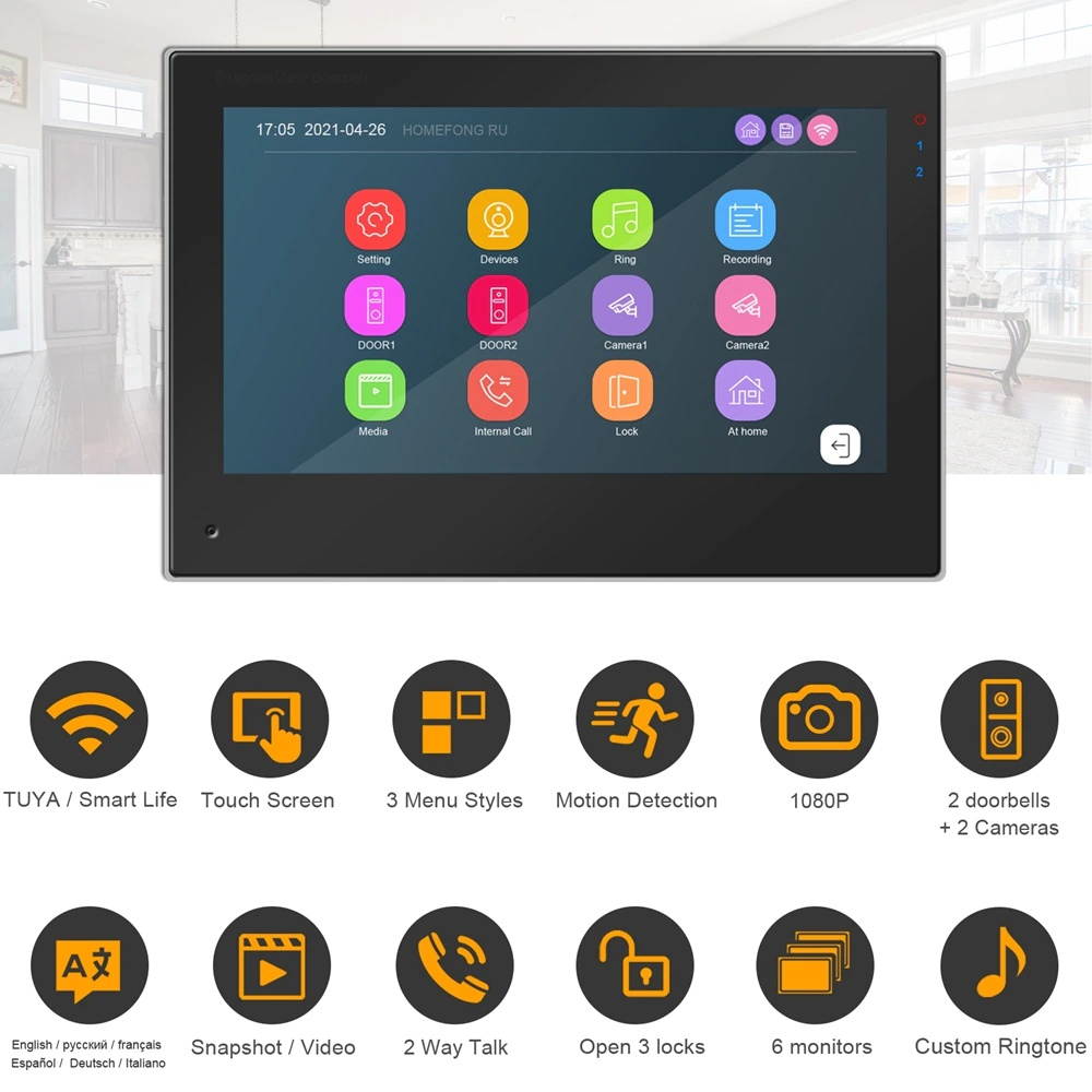 TUYA WIFI Intercoms IP Video Intercom 7 Inch Monitor Touch Screen Motion Detection Record Support  1080P 2 Doorbells  2 Cameras