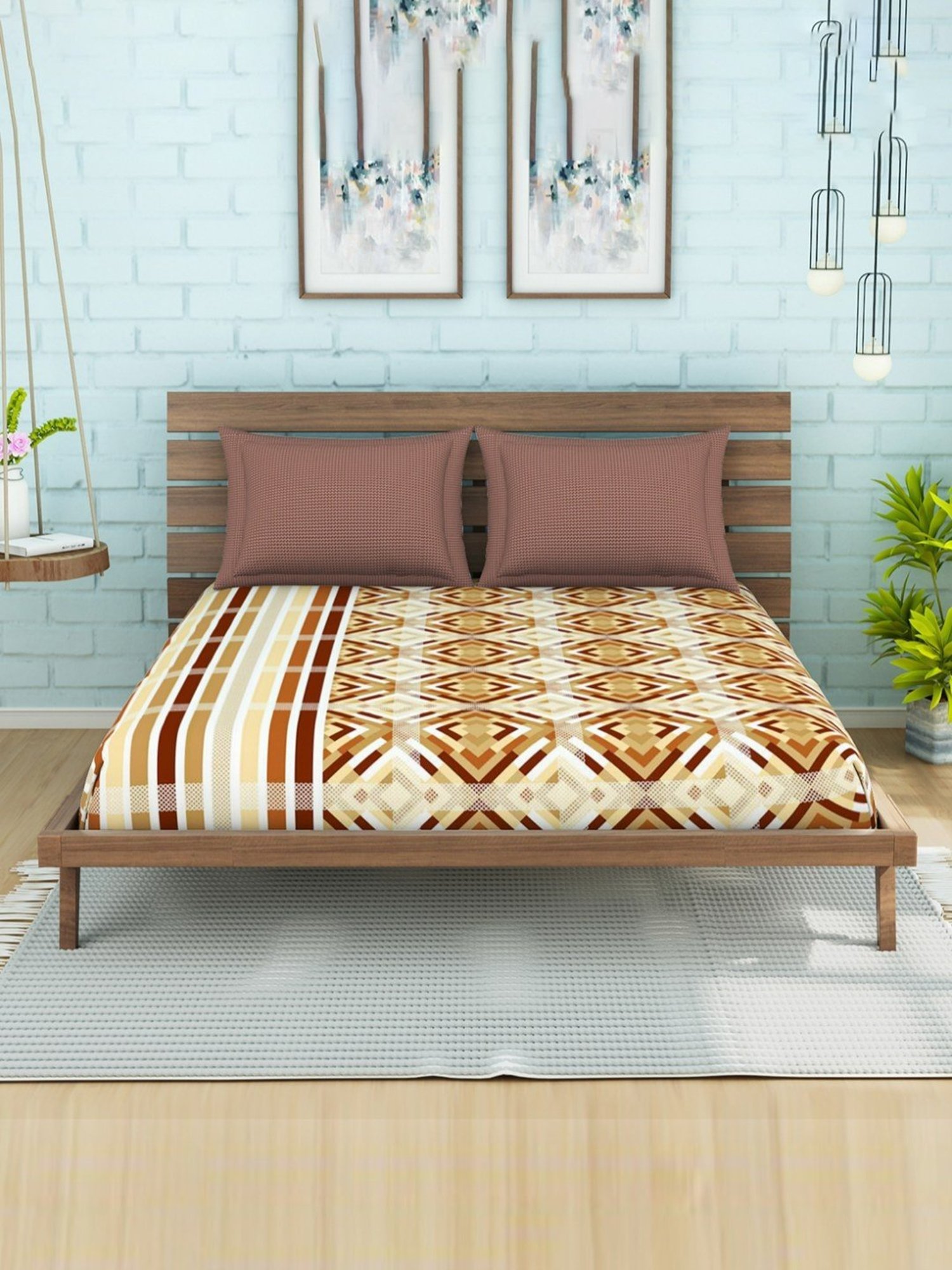 Spaces Printed Brown 144 TC Cotton Queen Bed Sheet with 2 Pillow Covers