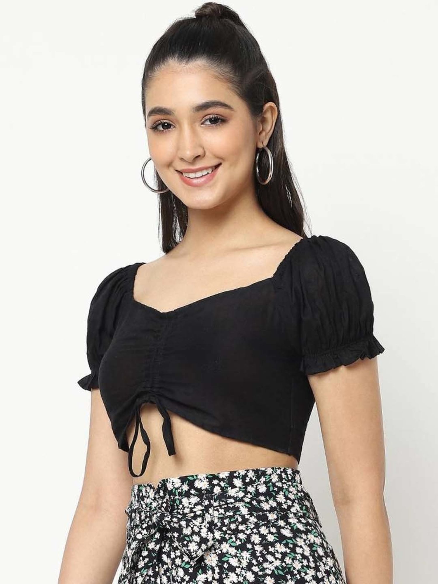VASTRADO Black Cotton Sweet Heart Neck Crop Top