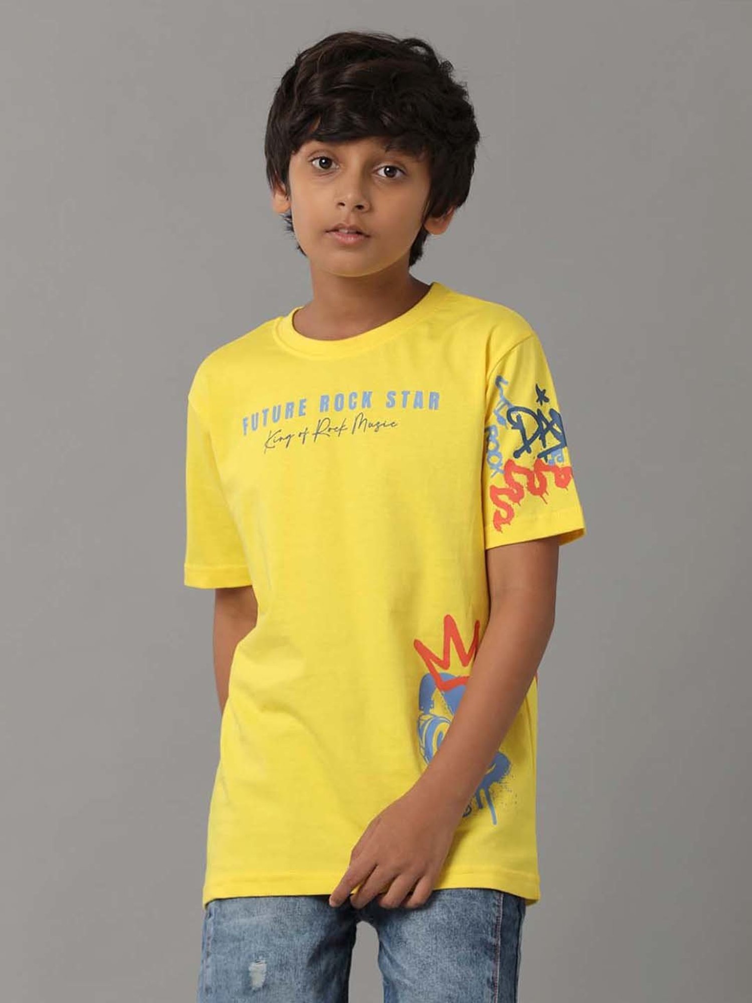 Under Fourteen Only Kids Yellow Cotton Printed T-Shirt