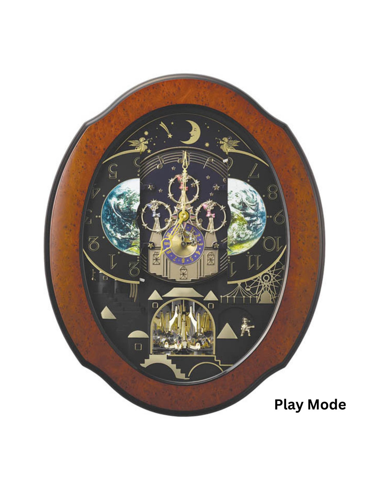 RHYTHM Brown Wood Stylish Oval Shaped Melodies In Motion Wall Clock