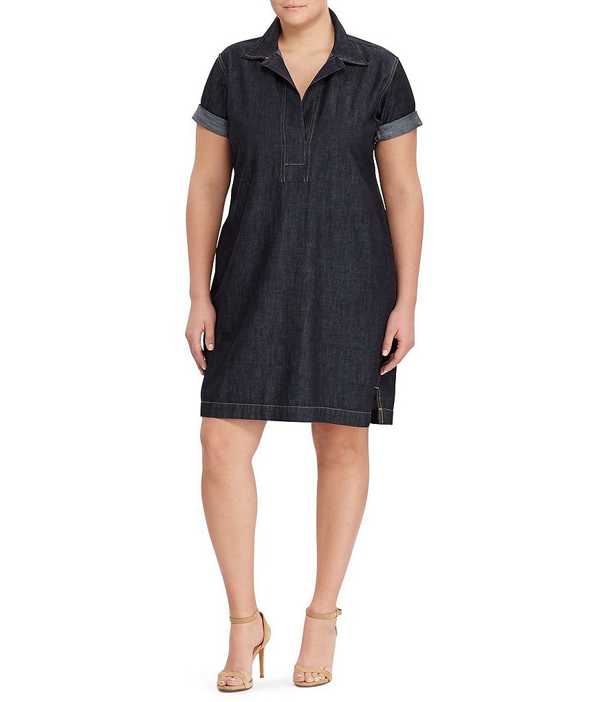 Lauren Ralph Lauren Plus Split Point Collar Neck Short Sleeve Denim Shift Dress