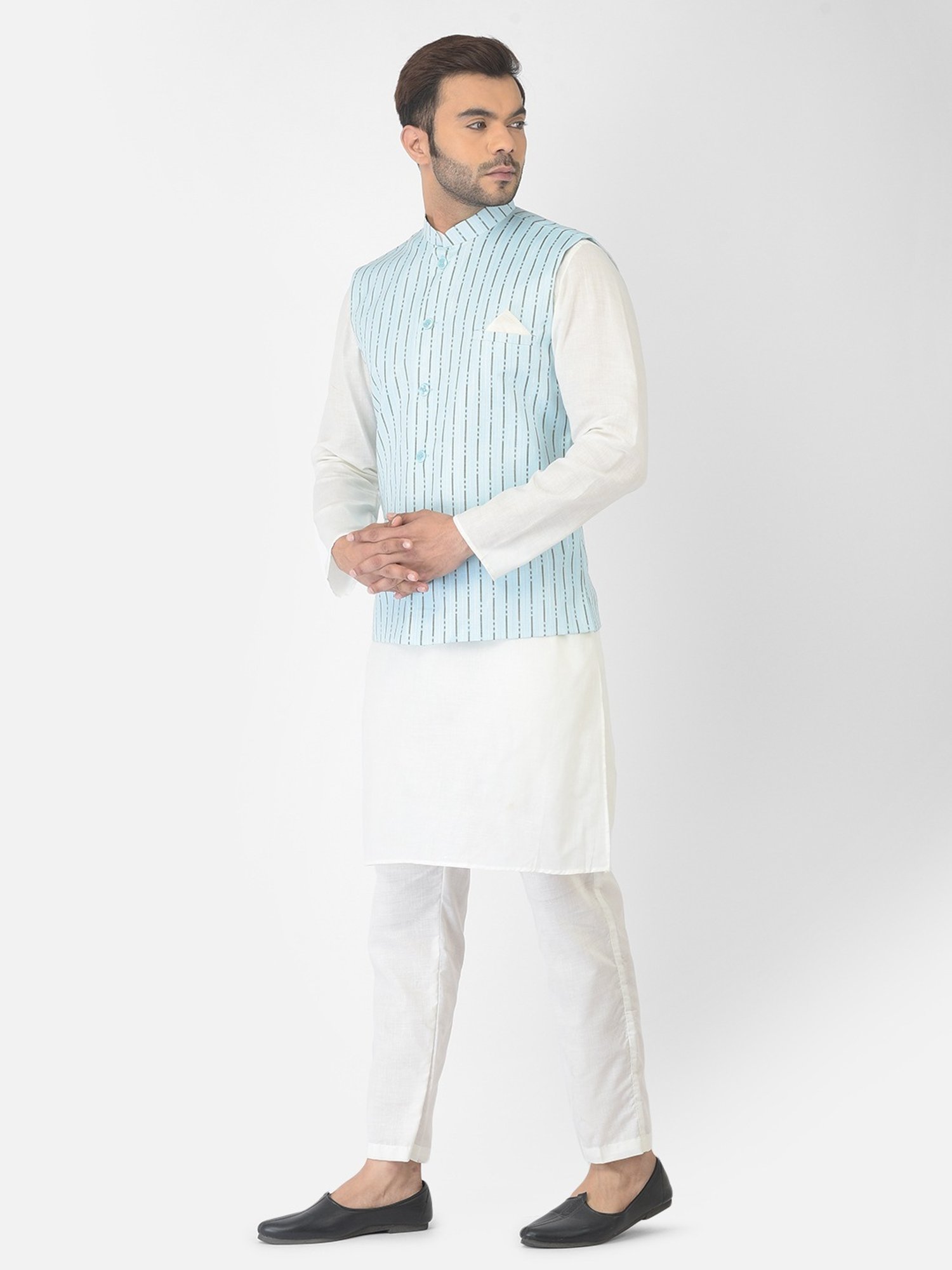 Deyann Blue & White Cotton Regular Fit Striped Kurta Set With Jacket