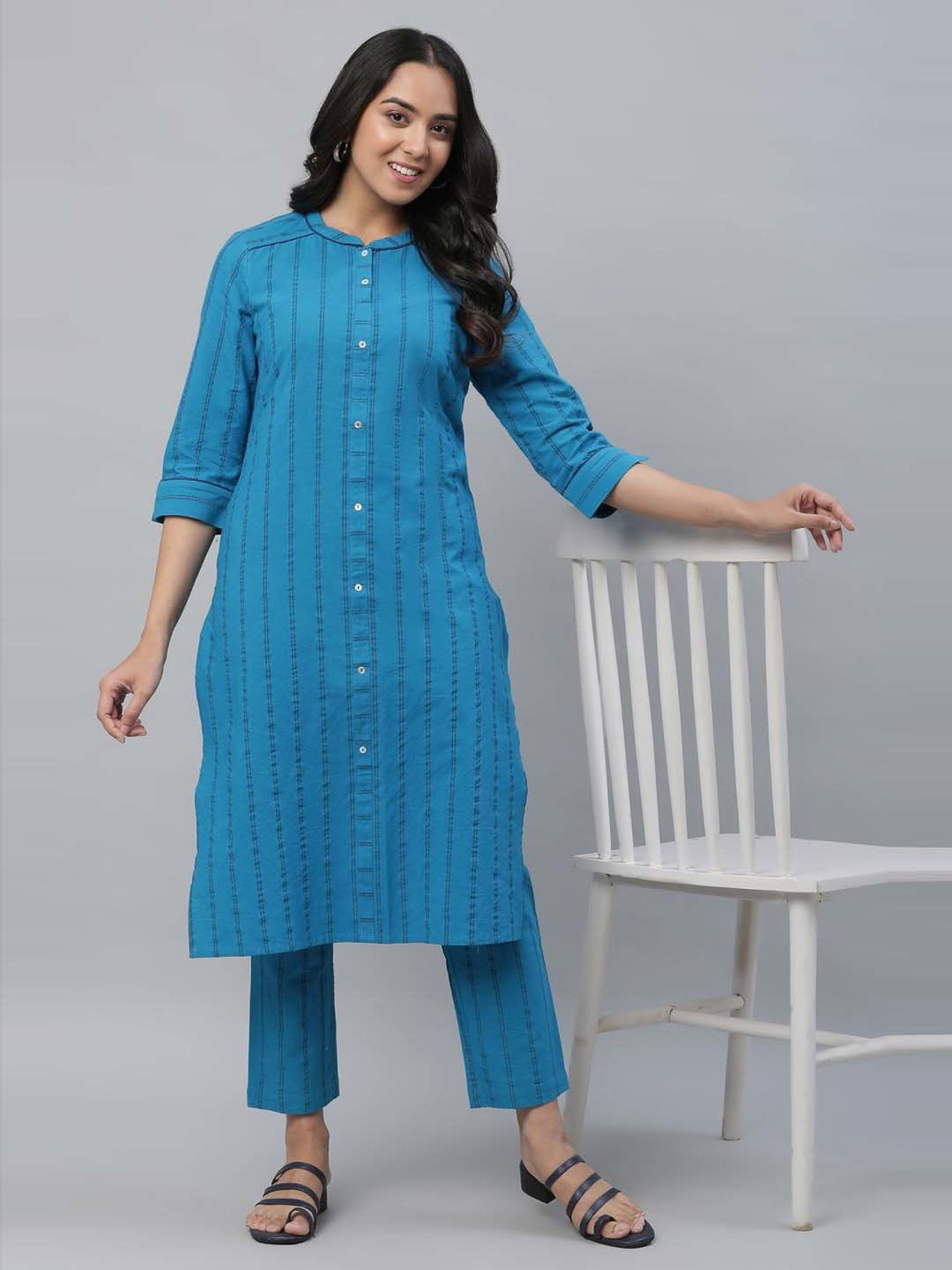 Aurelia Blue Cotton Striped Kurta Pant Set