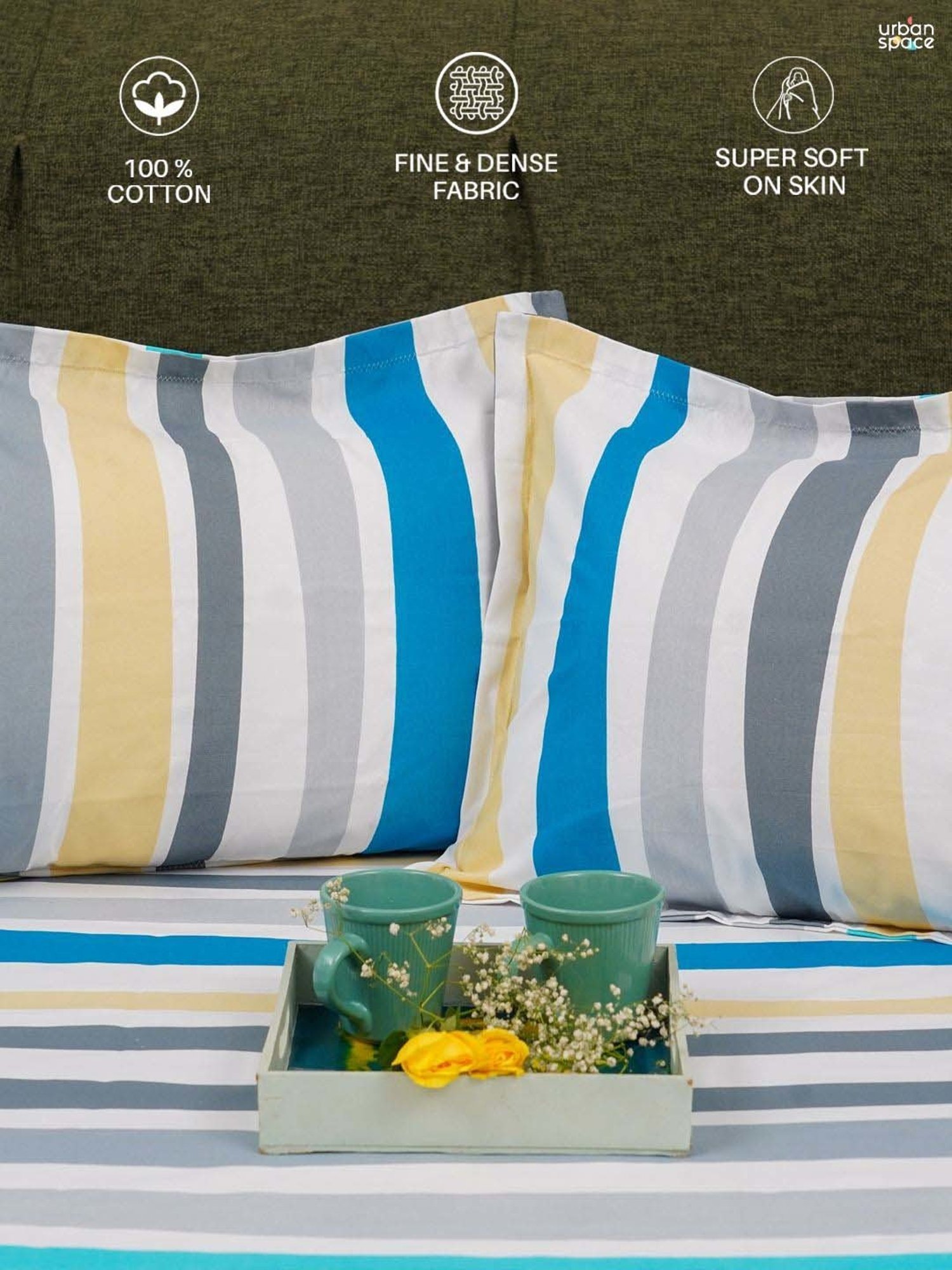 Urban Space Serene Blue Cotton 200 TC King Fitted Bedsheet With Pillow Covers