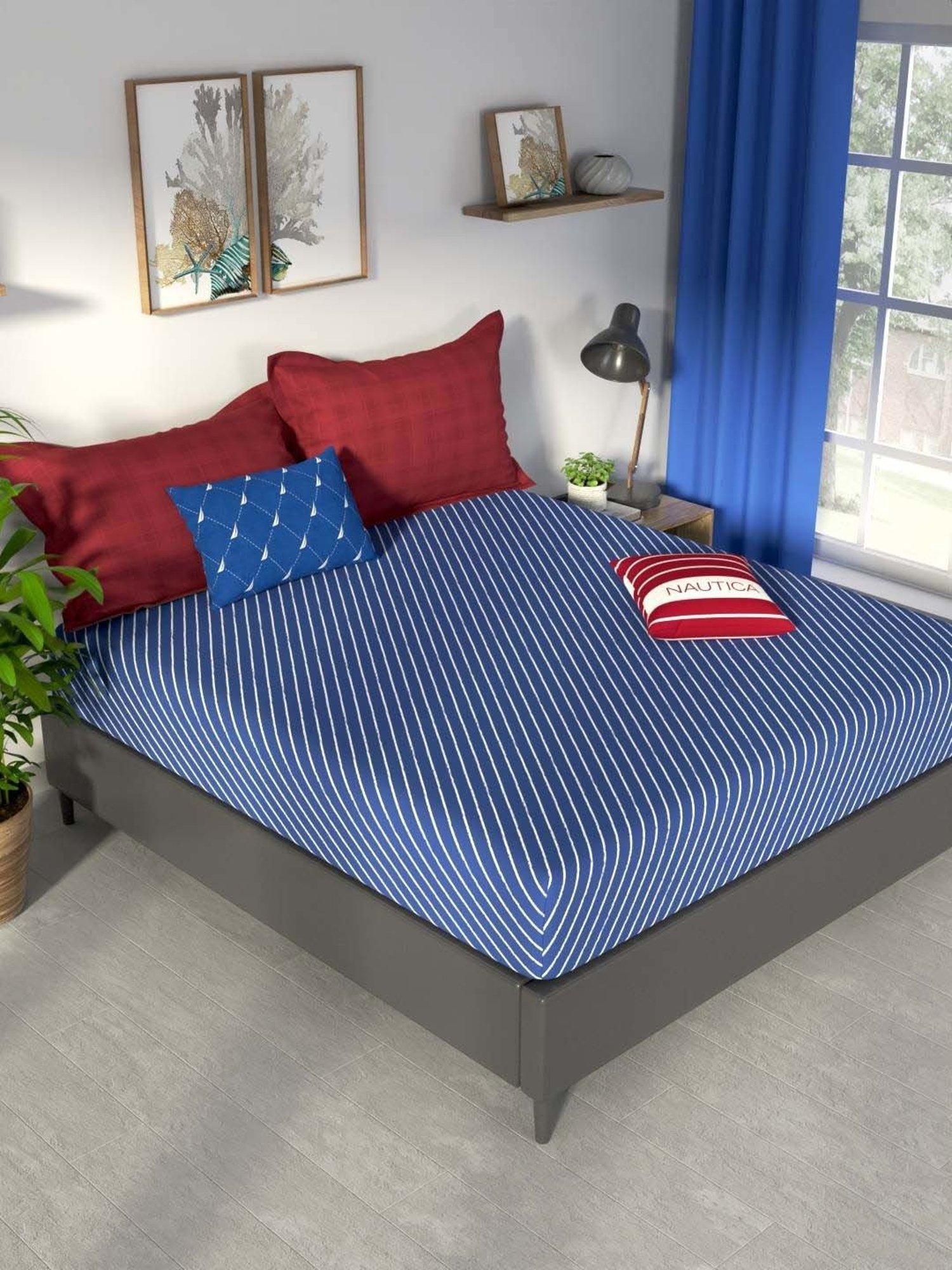 NAUTICA Pacific Coast Blue & White Cotton 160 TC King Fitted Bedsheet with 2 Pillow Cover