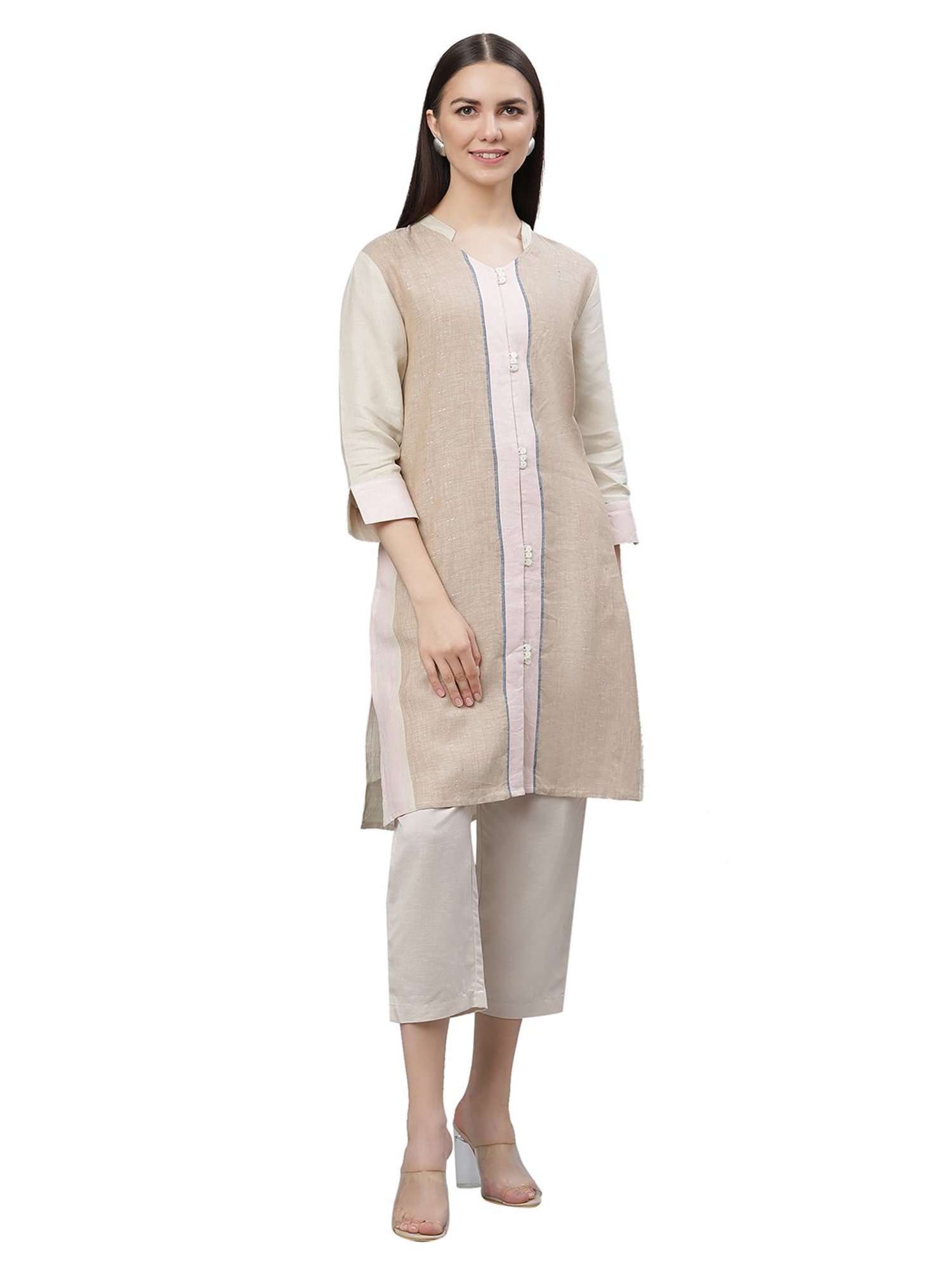 Linen Club Woman Beige Linen A Line Kurta