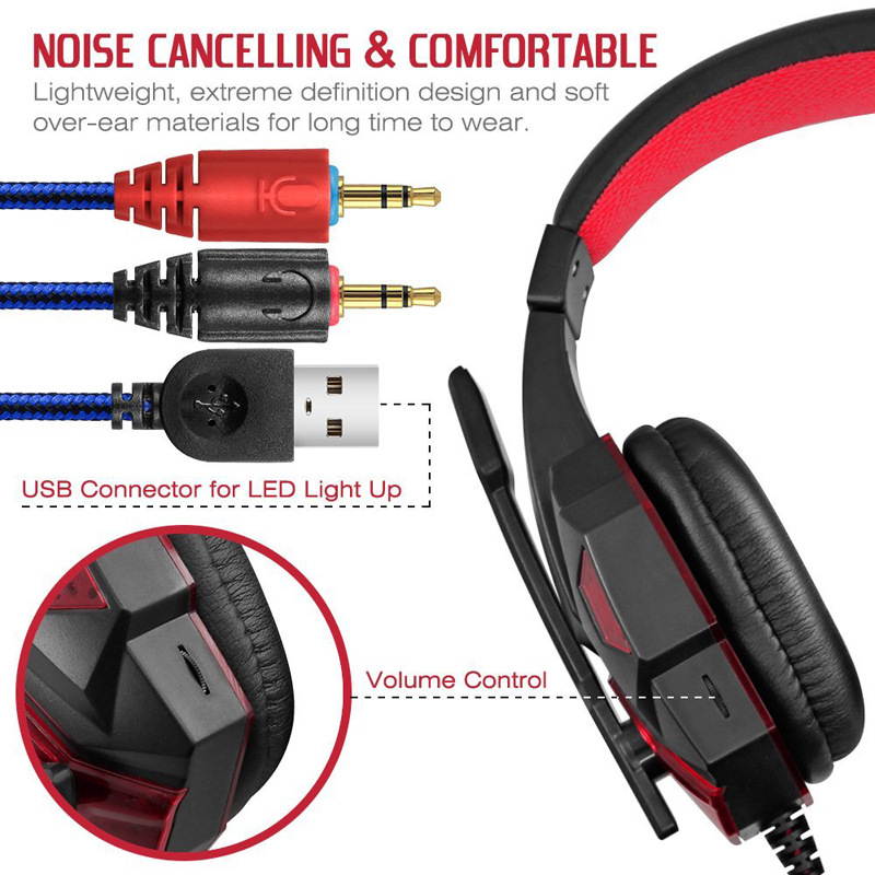 UKCOCO Gaming Headset with Mic and LED Light for Laptop Computer, Cellphone, PS4 and so on, DLAND 3.5mm Wired Noise Isolation Gaming Headphones - Volume Control - Red