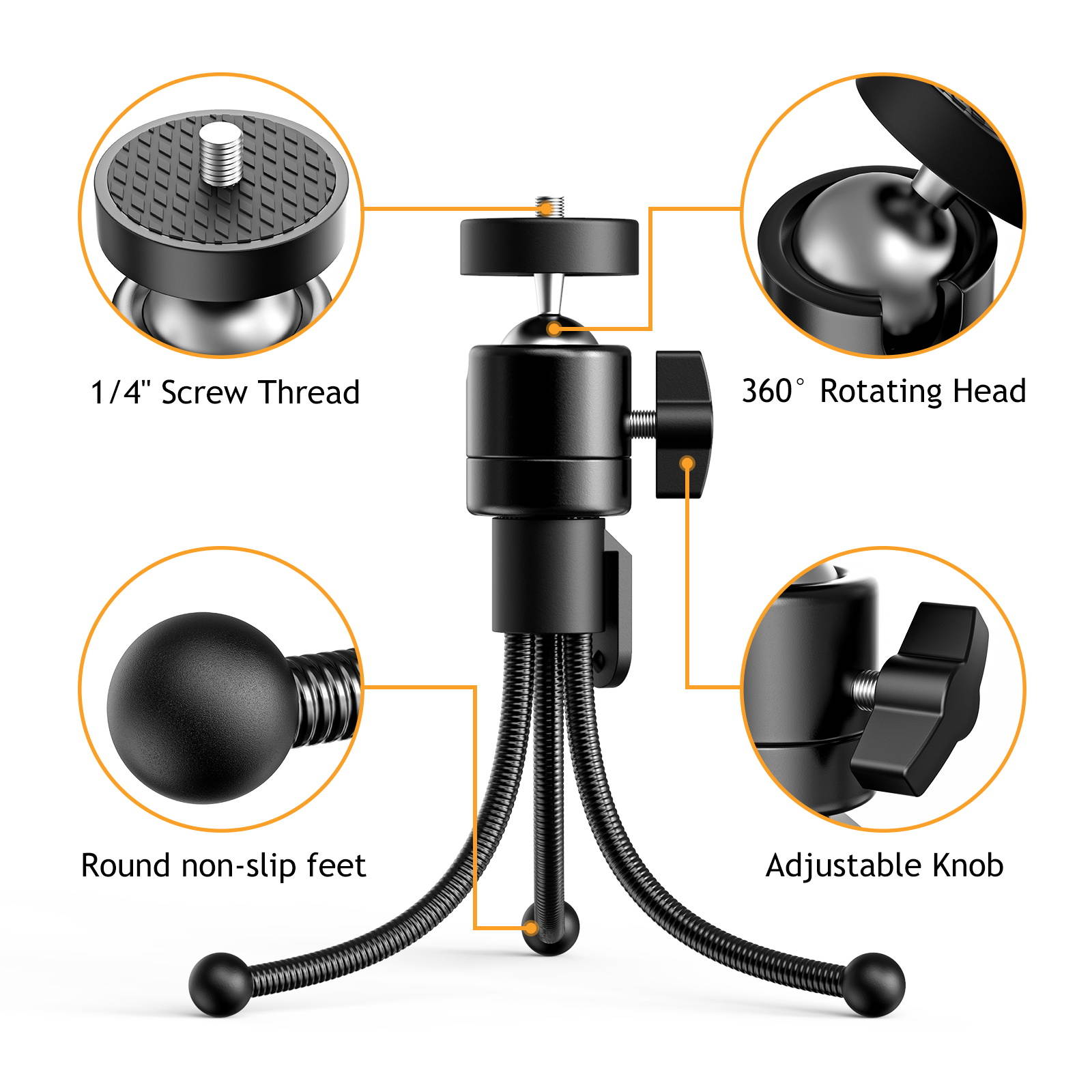 Amada Webcam Stand, Portable and Flexible Phone Tripod for Video Recording, Compatible with iPhone Gopro and All Sports Camera, Perfect for Selfies, Vlogging, Streaming, Photography