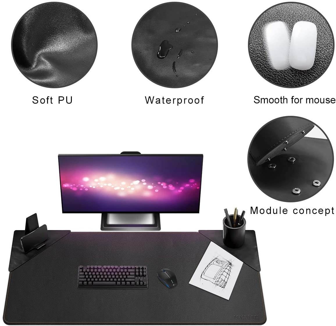 Leather Desk Pad - 47.2 x 19.6 Inch Desk Mat Accessories for Women Men Desk Protector Extended Mouse Pad for Office/Home with Pen Holder and Cell Phone Stand (Black)